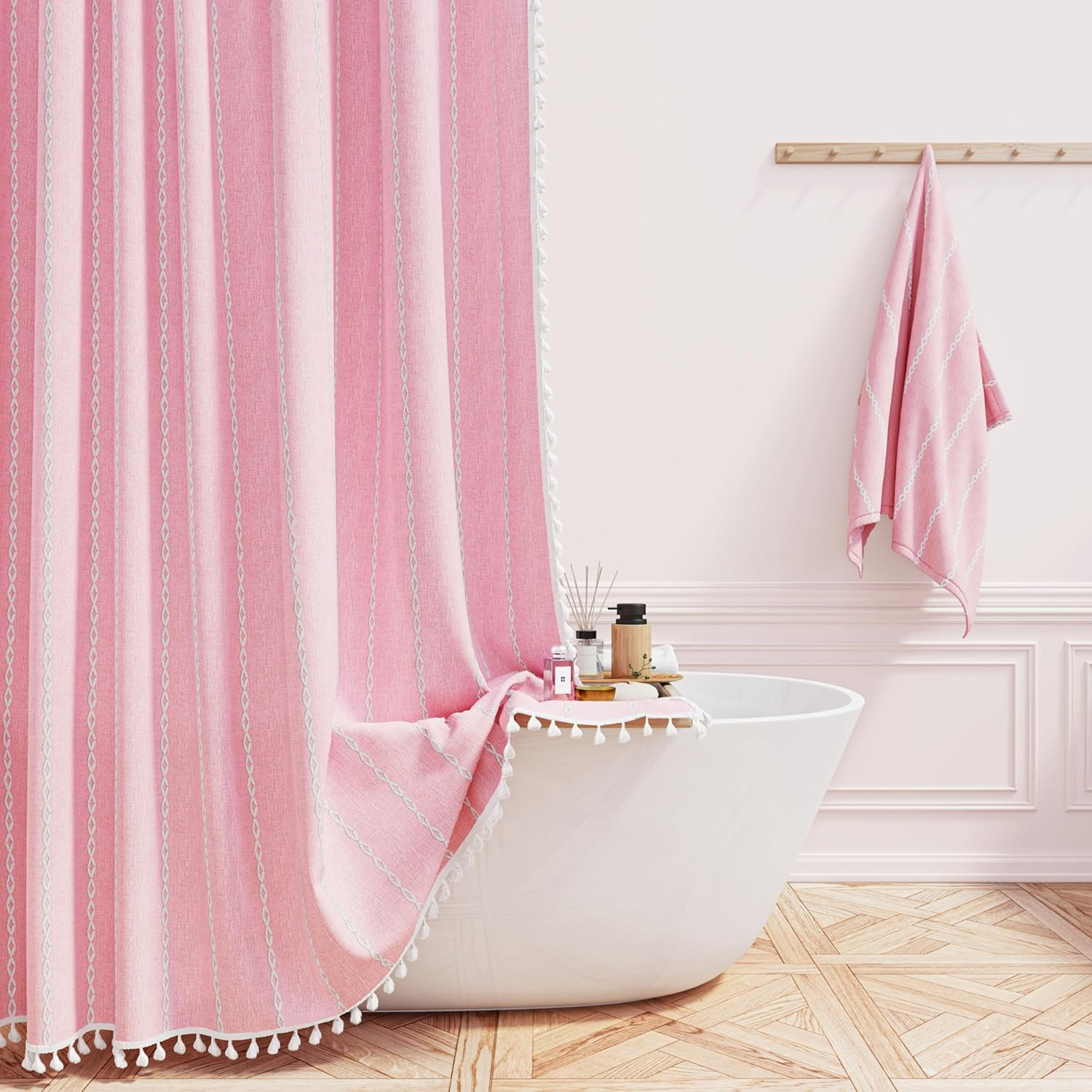 BTTN Pink Boho Shower Curtain, Linen Rustic Striped Fabric Shower Curtain Set with Tassel, Water Repellent, Bohemian Modern Farmhouse Cloth Shower Curtain for Bathroom with Hooks, 72"x72", Blush