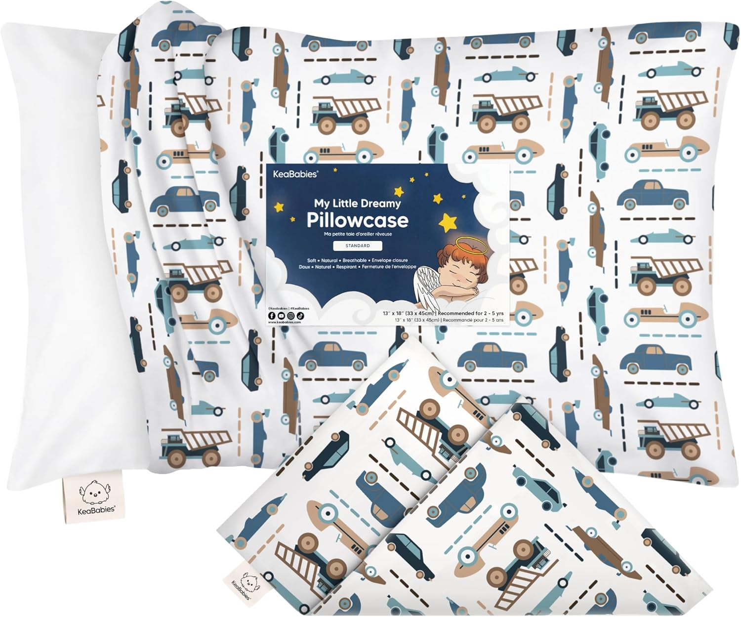 KeaBabies Toddler Pillowcase 13"x18" - Organic Cotton Toddler Pillowcase for Kids, Boys, Girls, Soft & Durable Cotton Cover for Miniature Sleepy Pillows, Cute Colors, Pillow Sold Separately (Vroom)