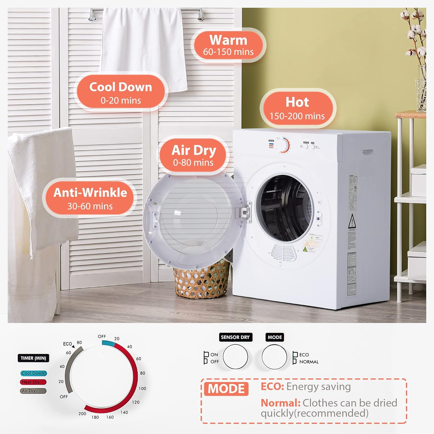 Compact White Stainless Steel Portable Front Load Dryer