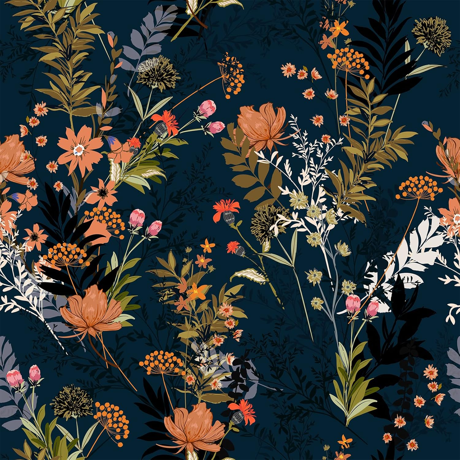 VEELIKE Midnight Blue Meadow Floral Peel and Stick Wallpaper Wildflowers Floral Wallpaper 17.7x354'' Dark Blue Contact Paper for Cabinets Shelves Drawers Removable Wallpaper for Bedroom Bathroom Walls
