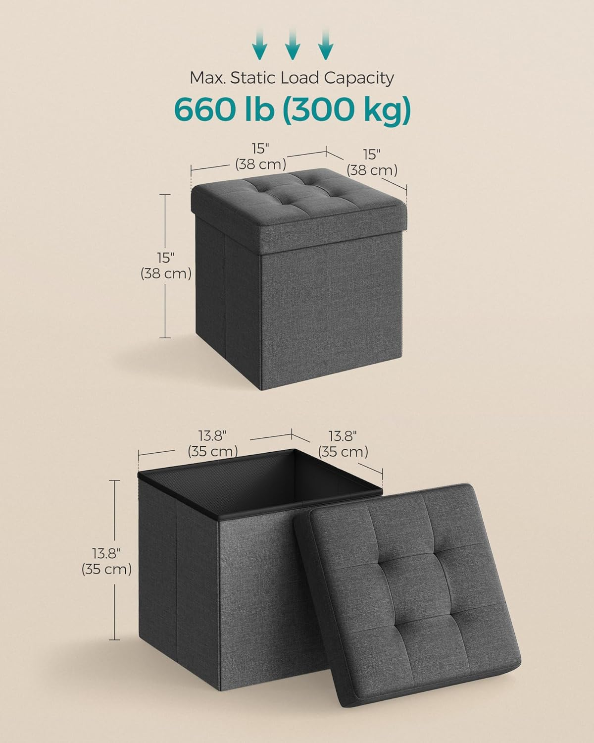 SONGMICS 15" Storage Ottoman Bench Cube Footrest, Folding, Dark Gray