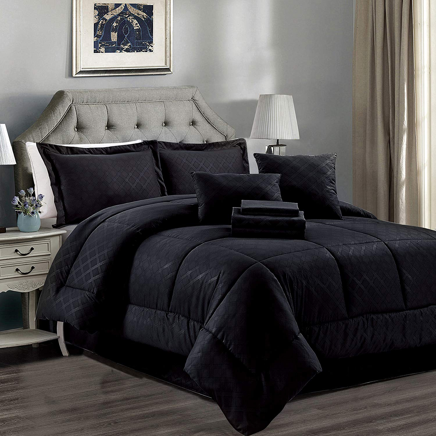 JML Black Queen Comforter Set - 10 Pieces Bedding Set Bed in a Bag with Comforters, Sheets, Bed Skirt, Decorative Pillows, Pillowcases & Shams