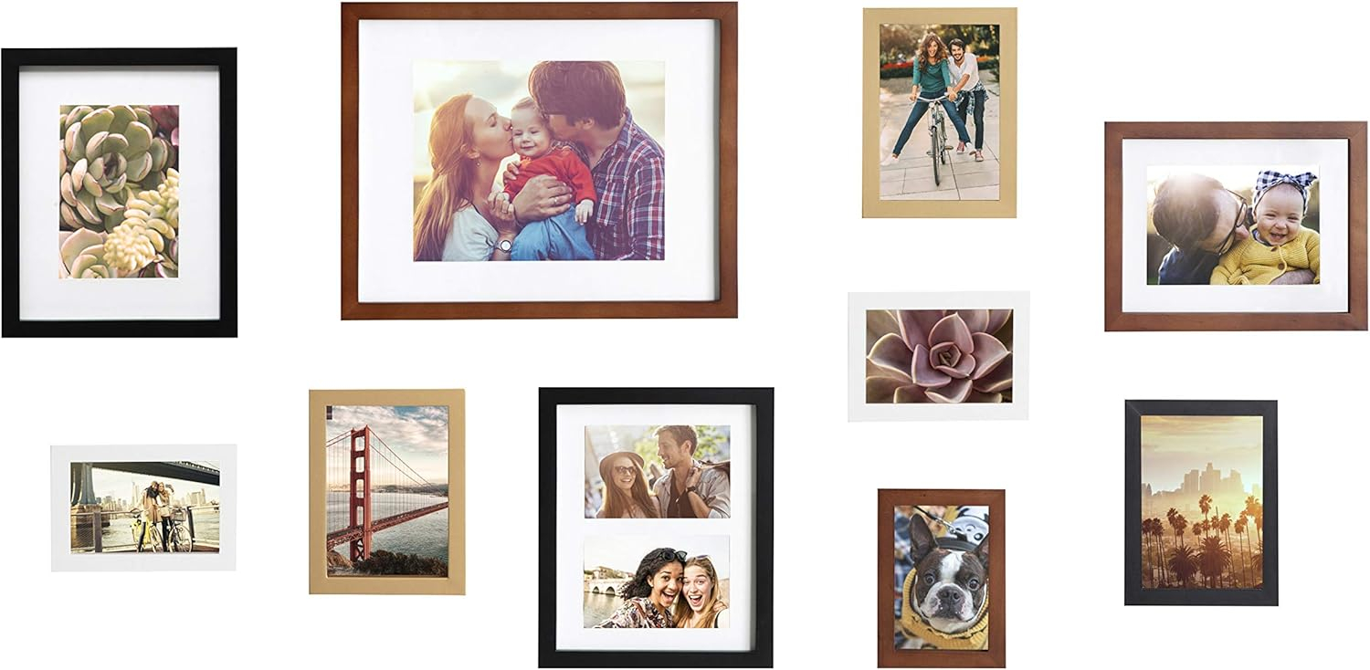 Kate and Laurel Gallery Mid-Century Wood Wall Frame Set, Set Of 10, Walnut Brown, Gold, Black, and White