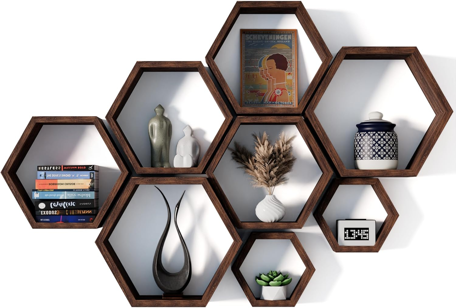 Hokku Designs Floating Shelves Set Of 8 Honeycomb Shelves For Wall,Rustic Brown