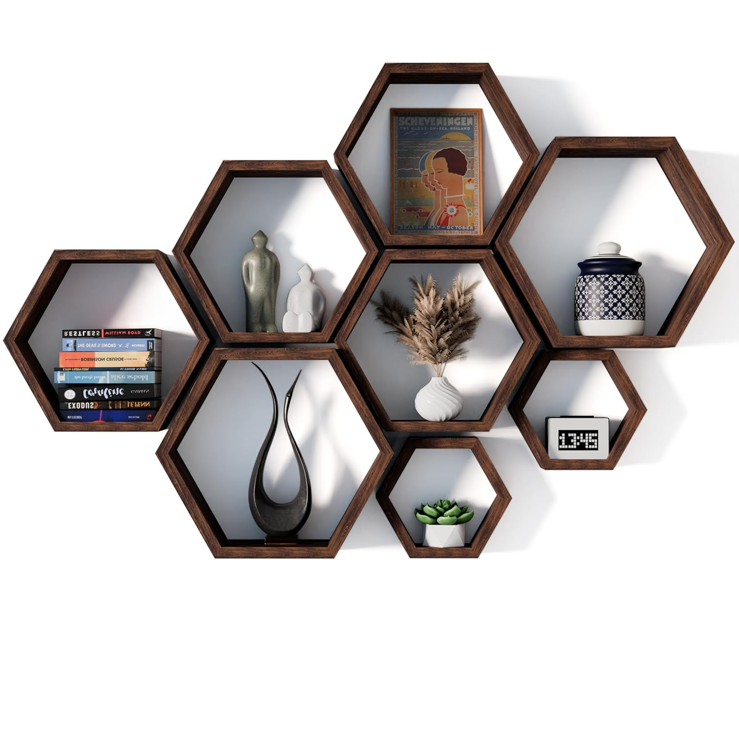 Hokku Designs Floating Shelves Set Of 8 Honeycomb Shelves For Wall,Rustic Brown