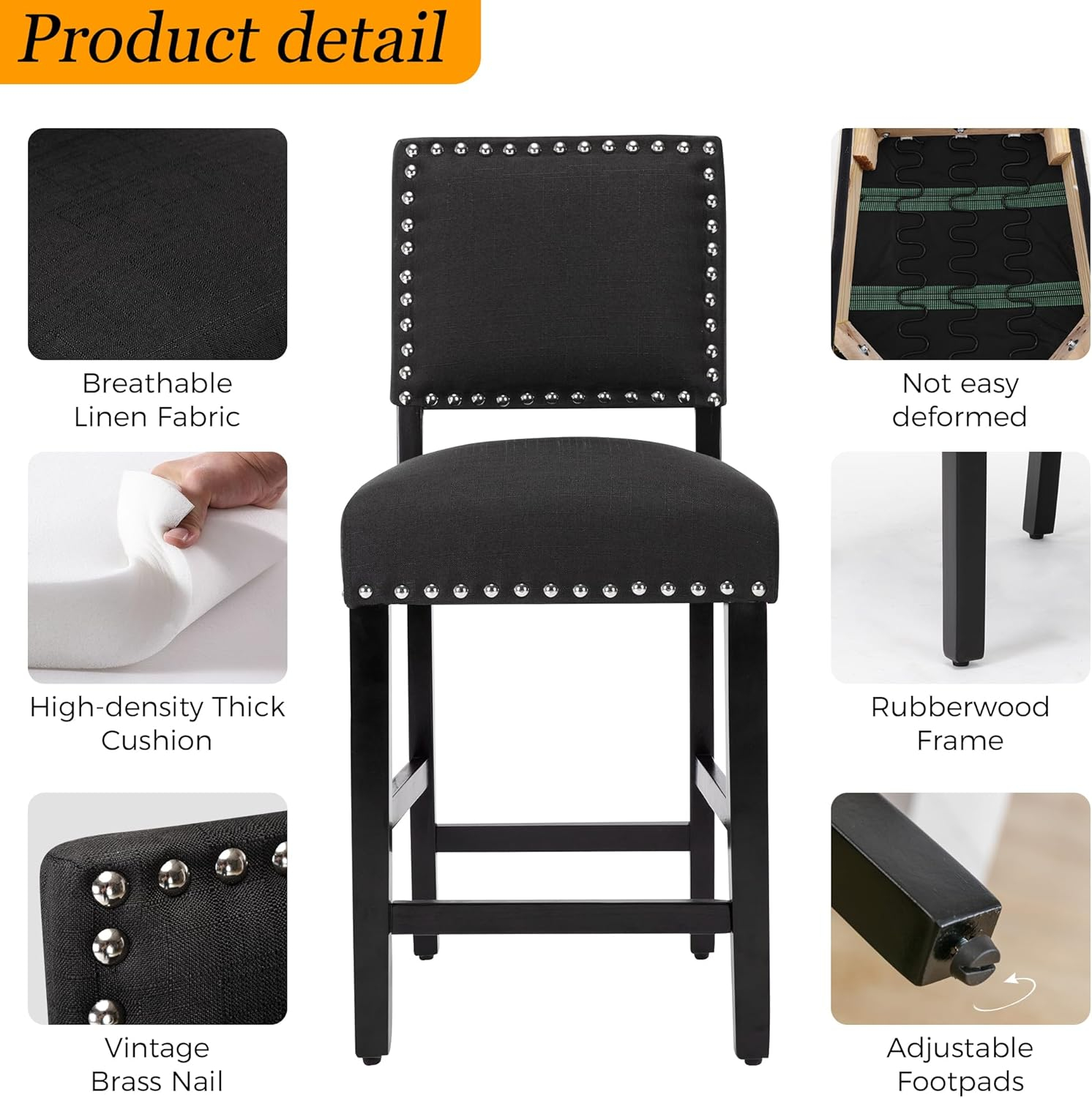 LSSBOUGHT Counter Height Barstools Linen Fabric Upholstered Counter Stool with Rubber Wood Legs Nailed Trim Bar Chair for Kitchen Island (Black, 2Pcs 24" Seat Height)
