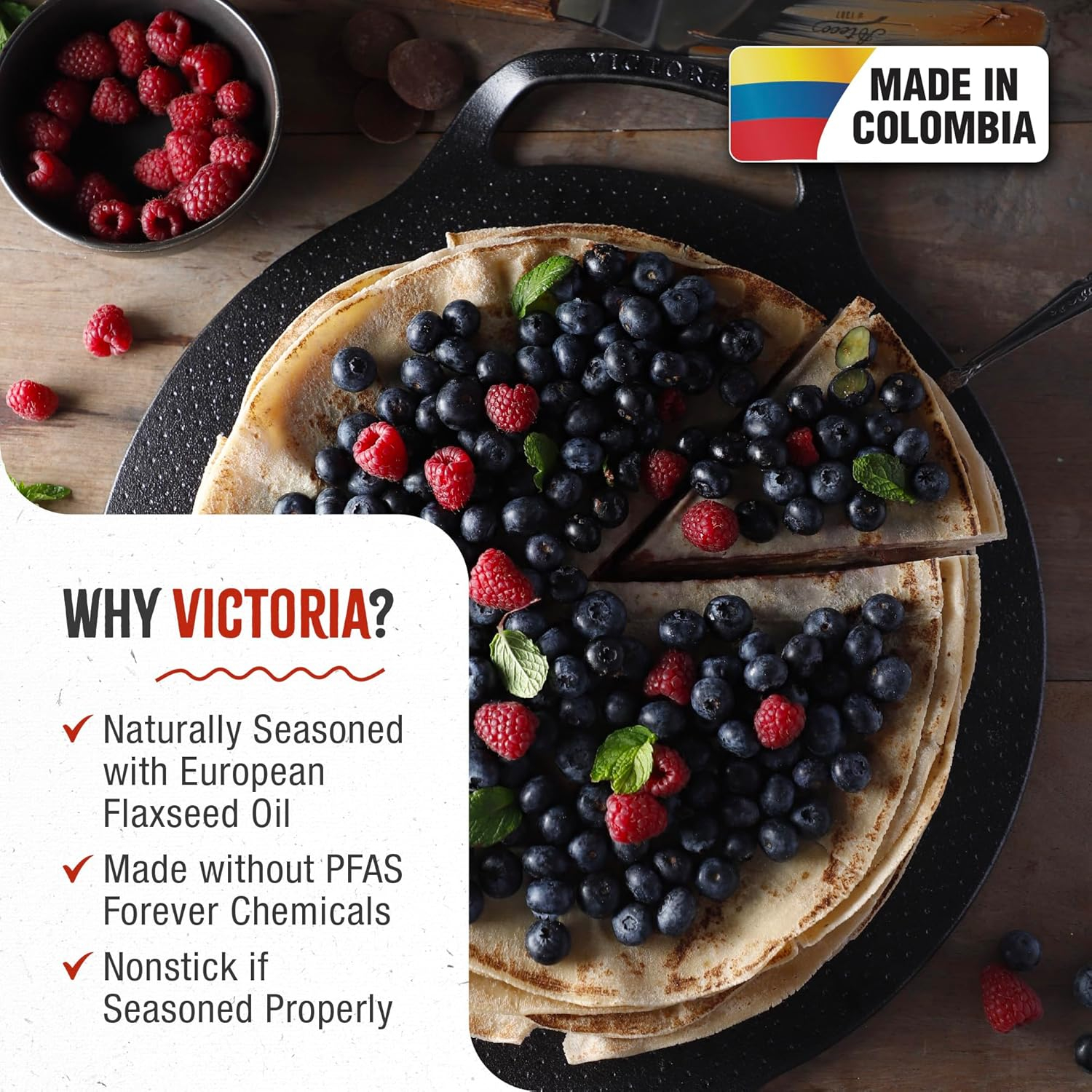 Victoria 15-Inch Black Cast Iron Pizza Pan with Handles
