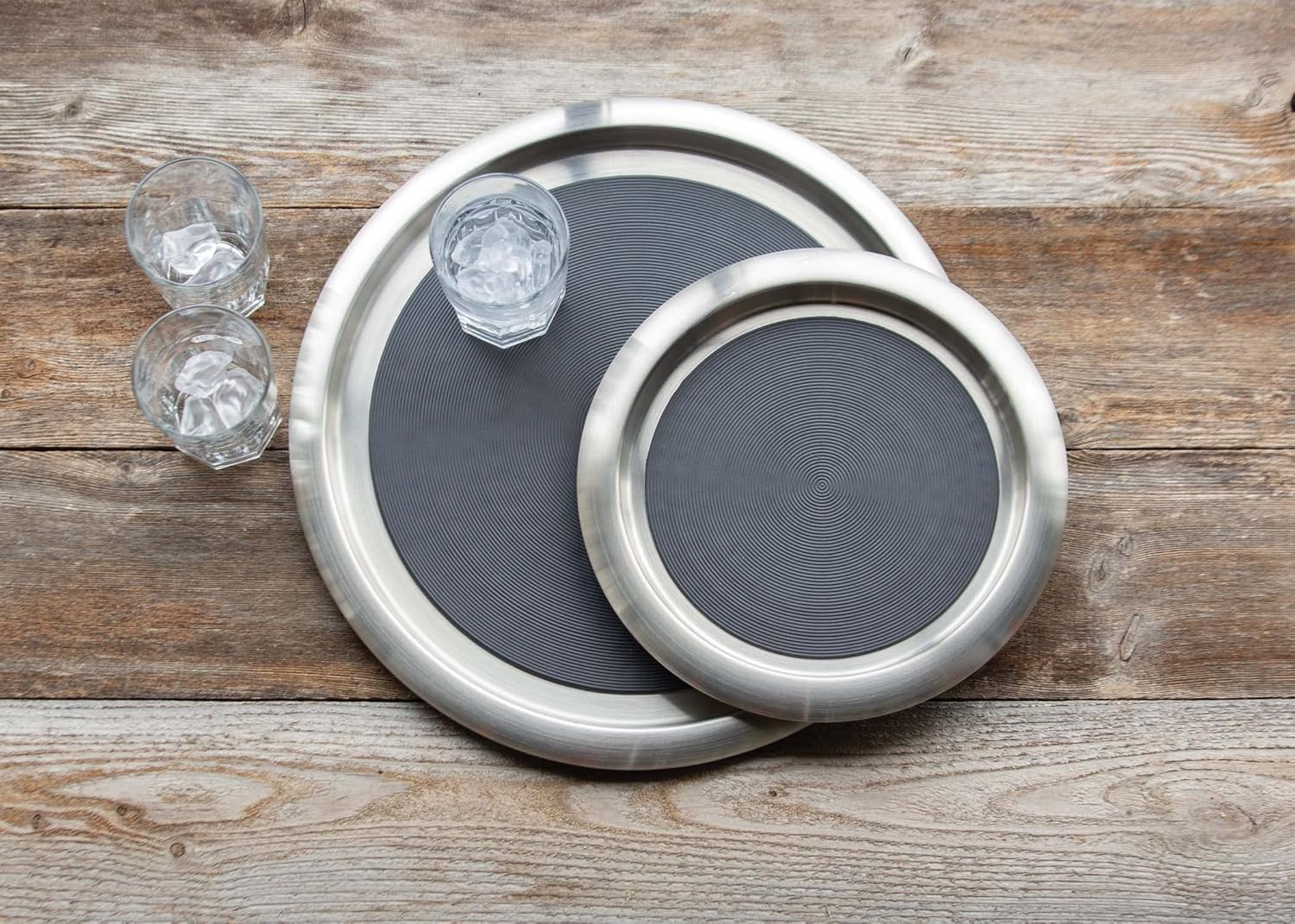 Silver Stainless Steel Round Serving Tray with Non-Slip Rubber Inserts