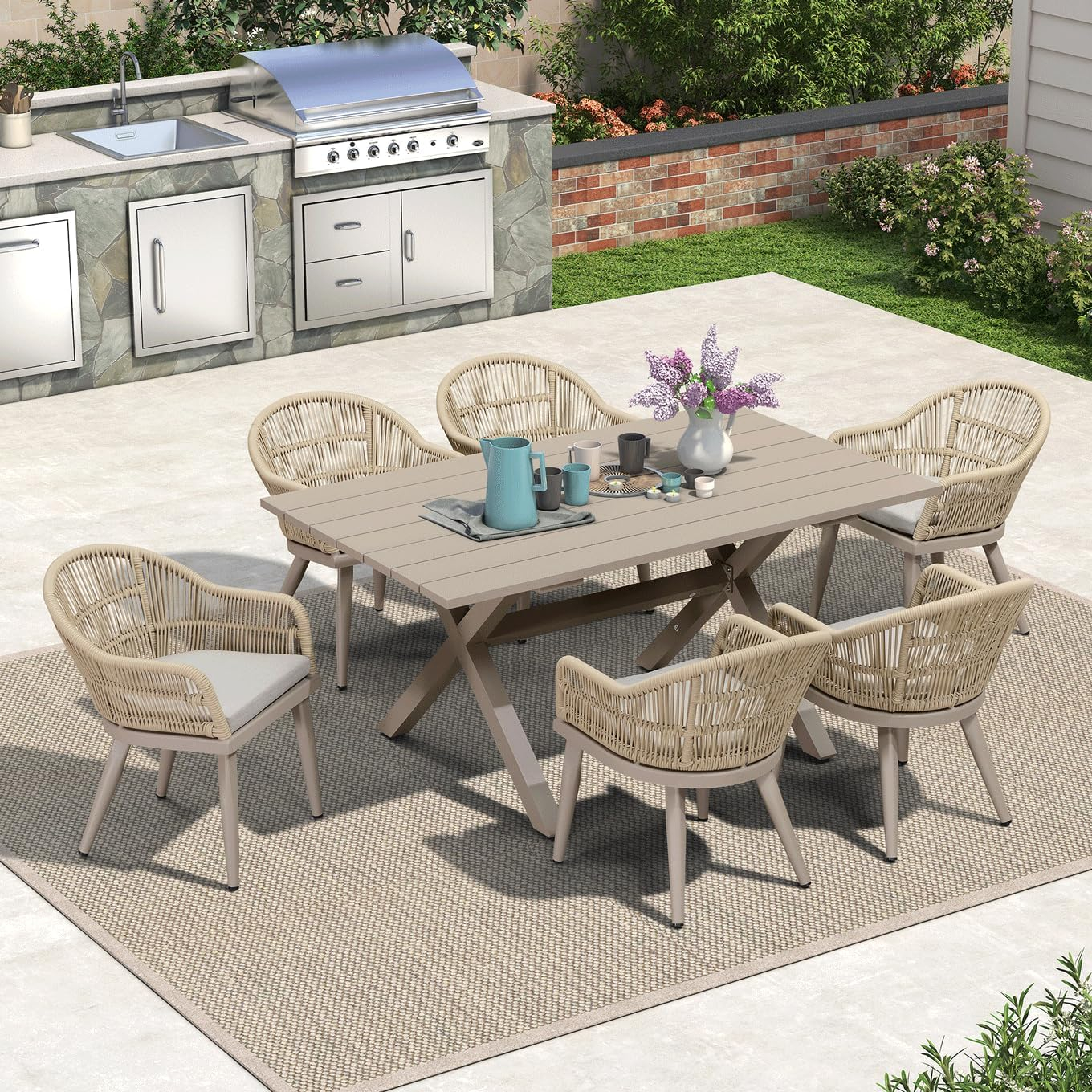 Champagne Aluminum 7-Piece Outdoor Dining Set with Beige Cushions
