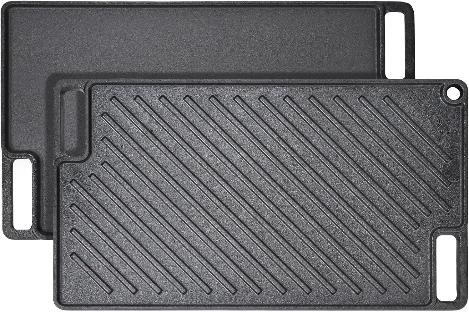 VEVOR Reversible Grill/Griddle, 14x8.5 inch Pre-Seasoned Cast Iron Griddle, Portable Rectangular Pan with Handle, Family Cookware for Indoor/Outdoor Stove Top Burner, Gas, Camping BBQ, Black