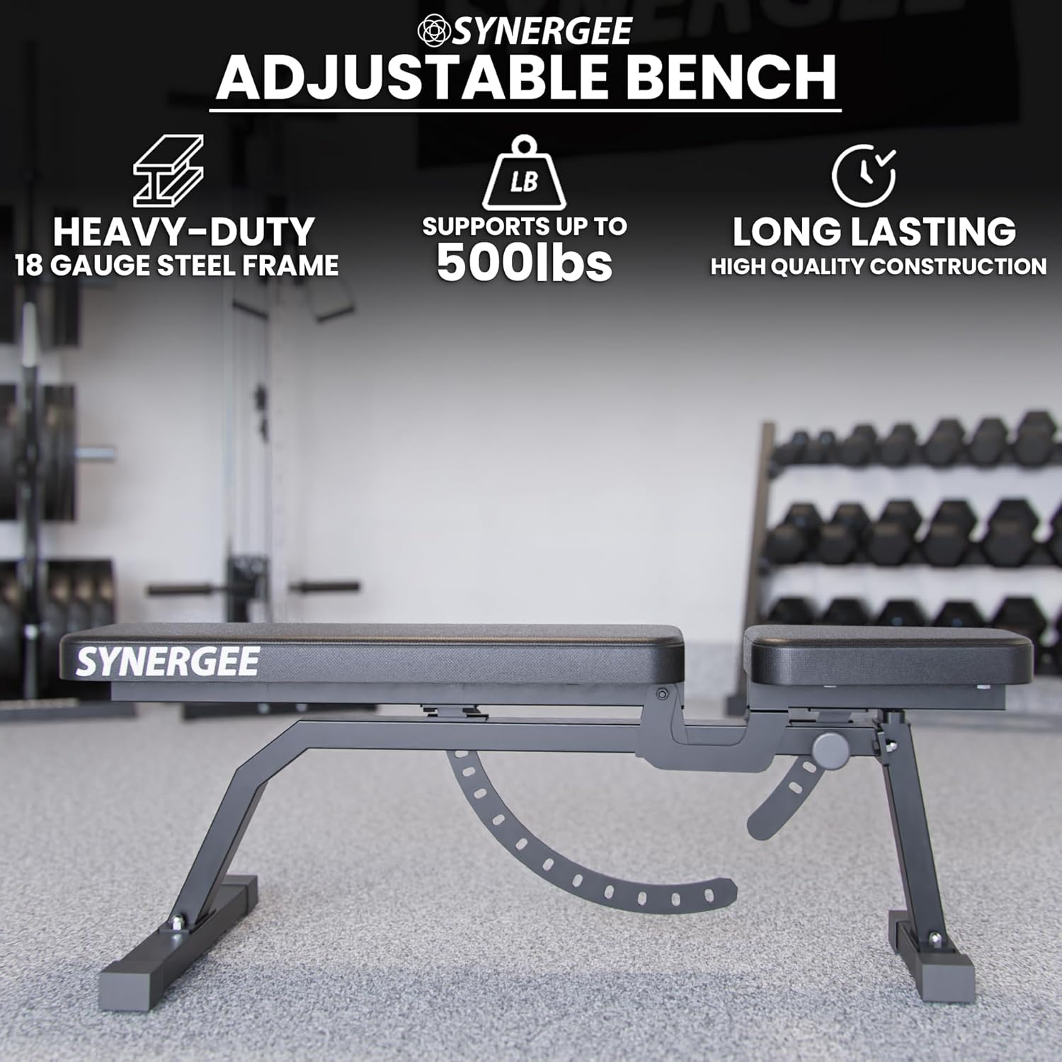 Synergee Banco de Entrenamiento Inclinado Ajustable Banco de Pesas para Ejercicios y Entrenamientos con Mancuernas y Barras. Ideal para Gimnasios Comerciales, Garajes y en Casa.