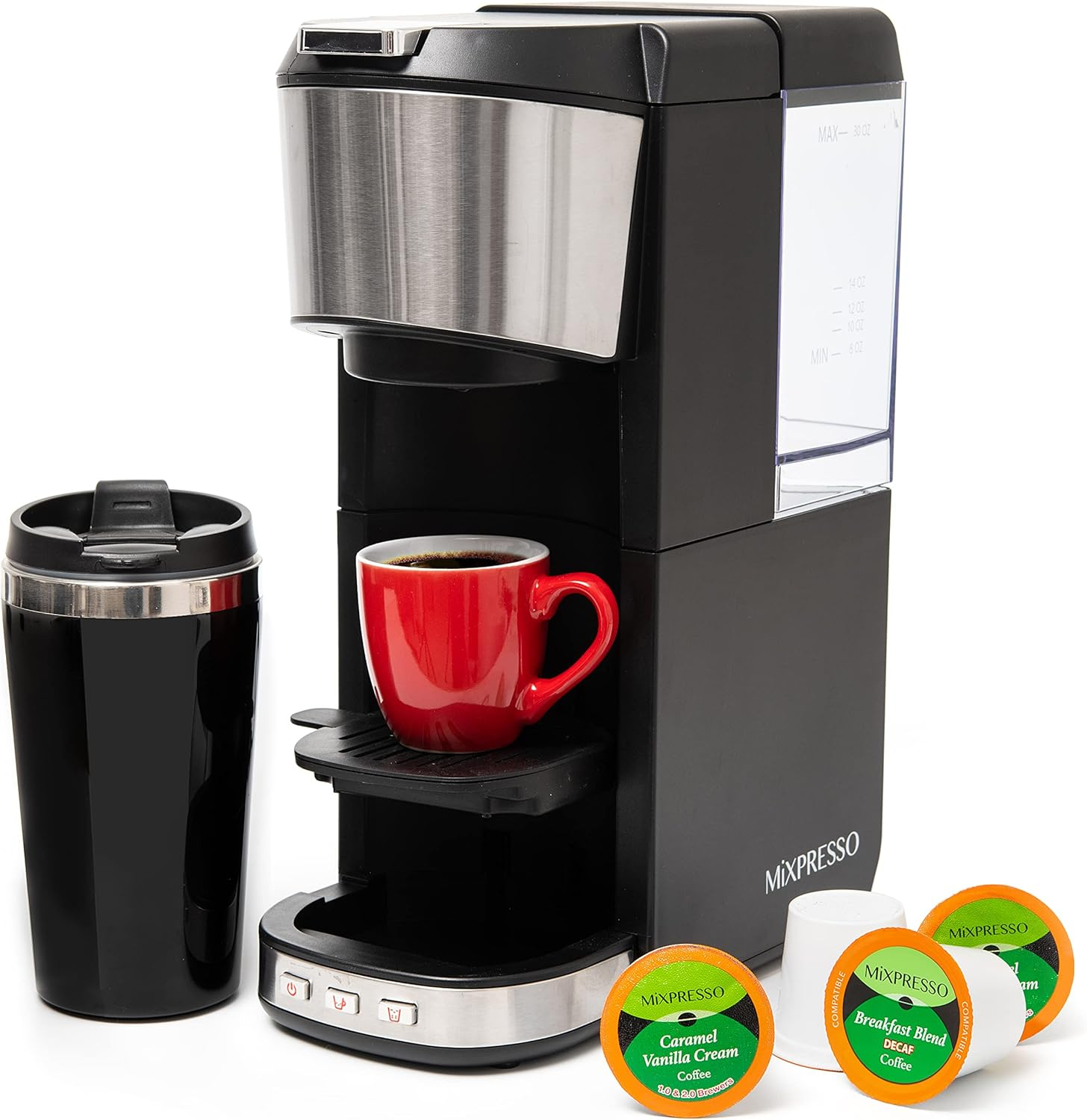 Mixpresso Coffee Maker Single Serve For Ground Coffee & Compatible With K Cup Pods, With 14oz Travel Mug & Reusable Filter For Home, Office & Camping, 30oz Removable Water Tank.