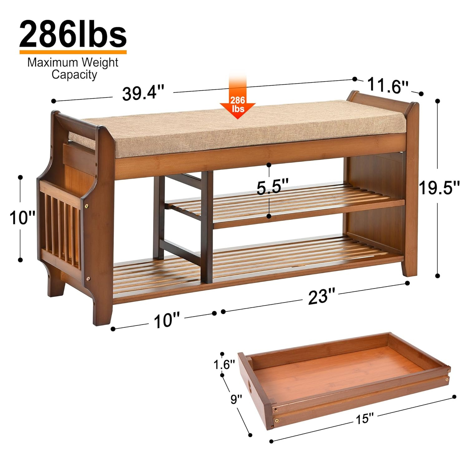 Bamboo 2-Tier Shoe Storage Bench with Hidden Drawer