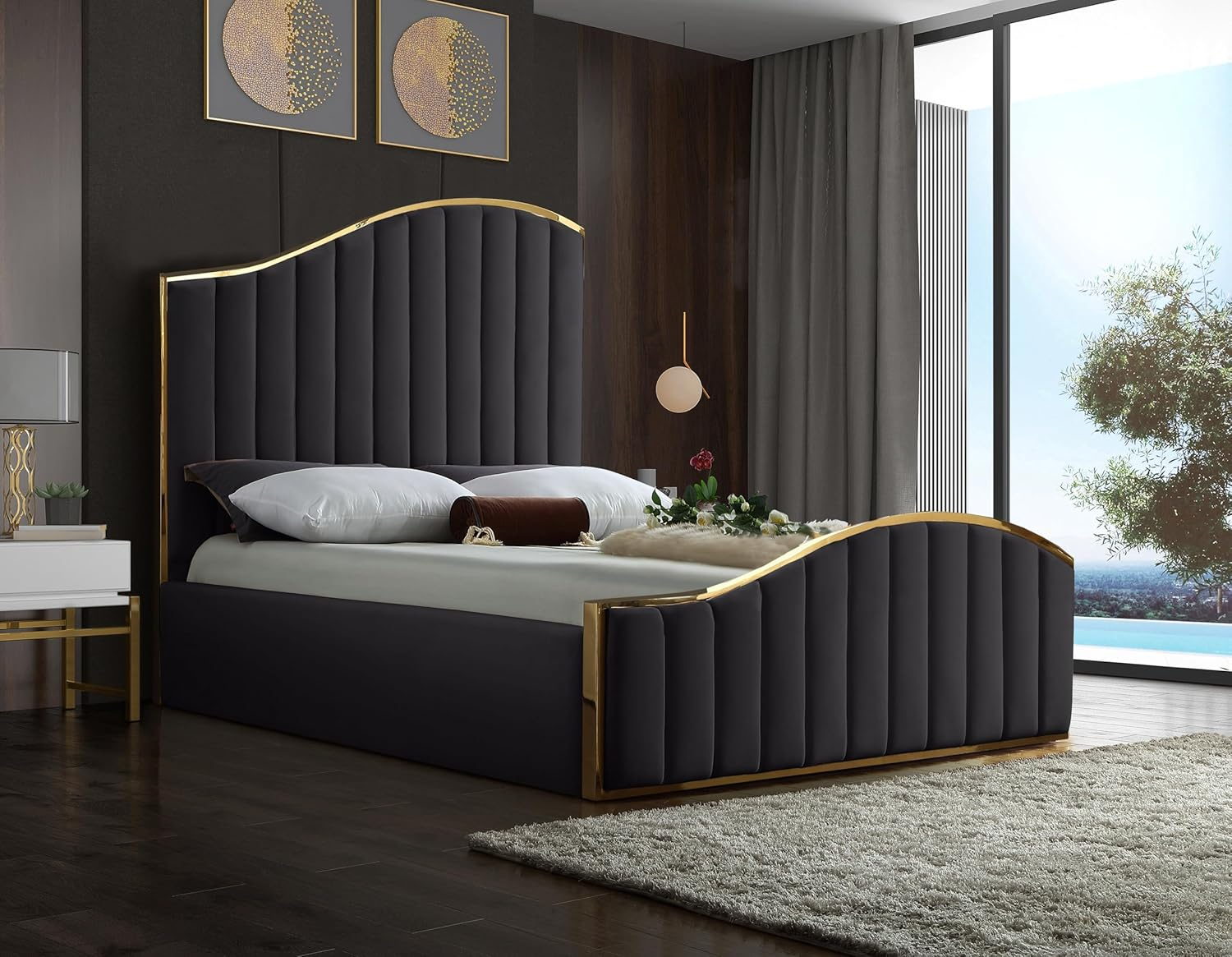 Meridian Furniture Jolie Solid Wood and Velvet Queen Bed in Gray