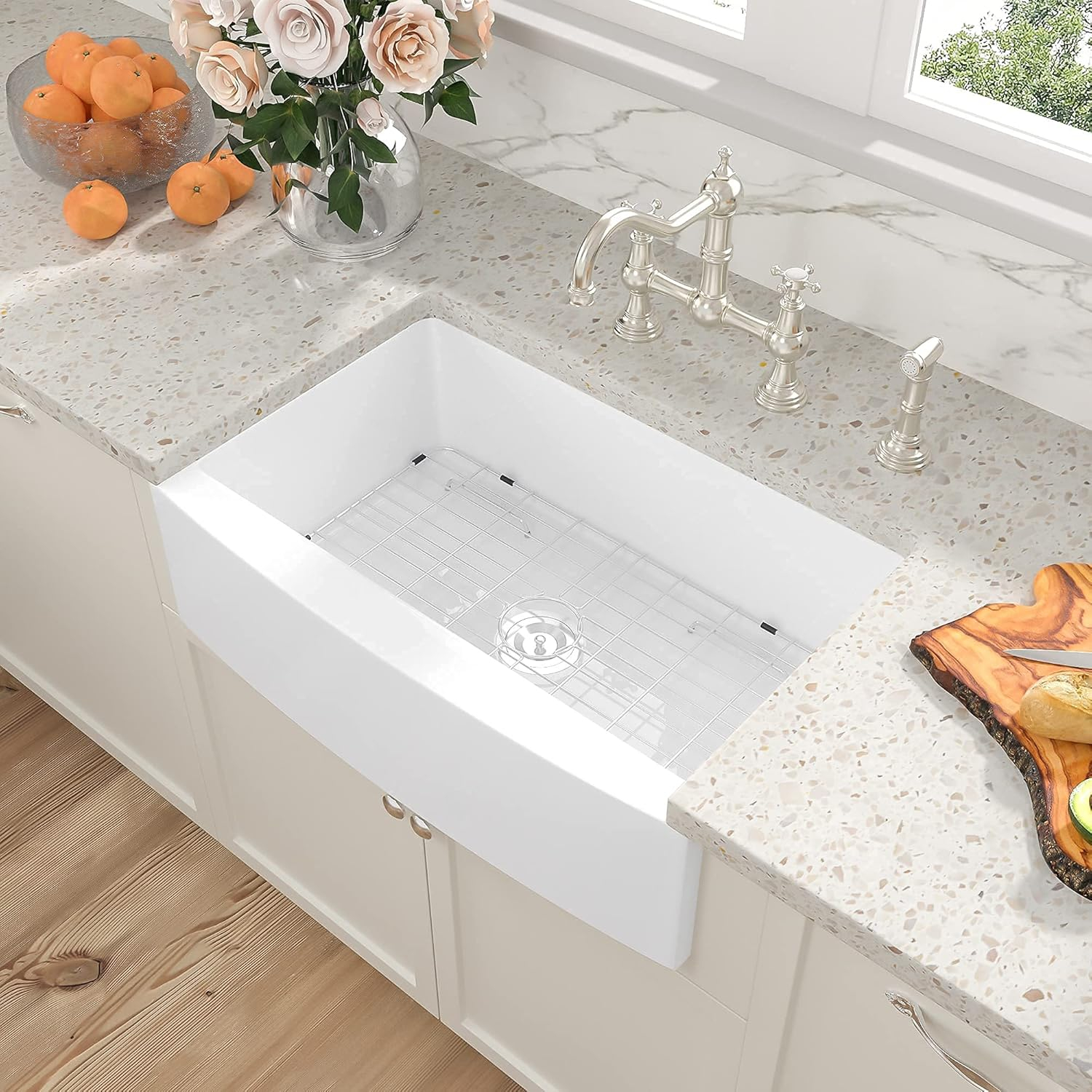 Sarlai 30 Farmhouse Sink White - 30 Inch Kitchen Sink Curved Apron Front White Fireclay Ceramic Porcelain Single Bowl Farm Kitchen Sinks