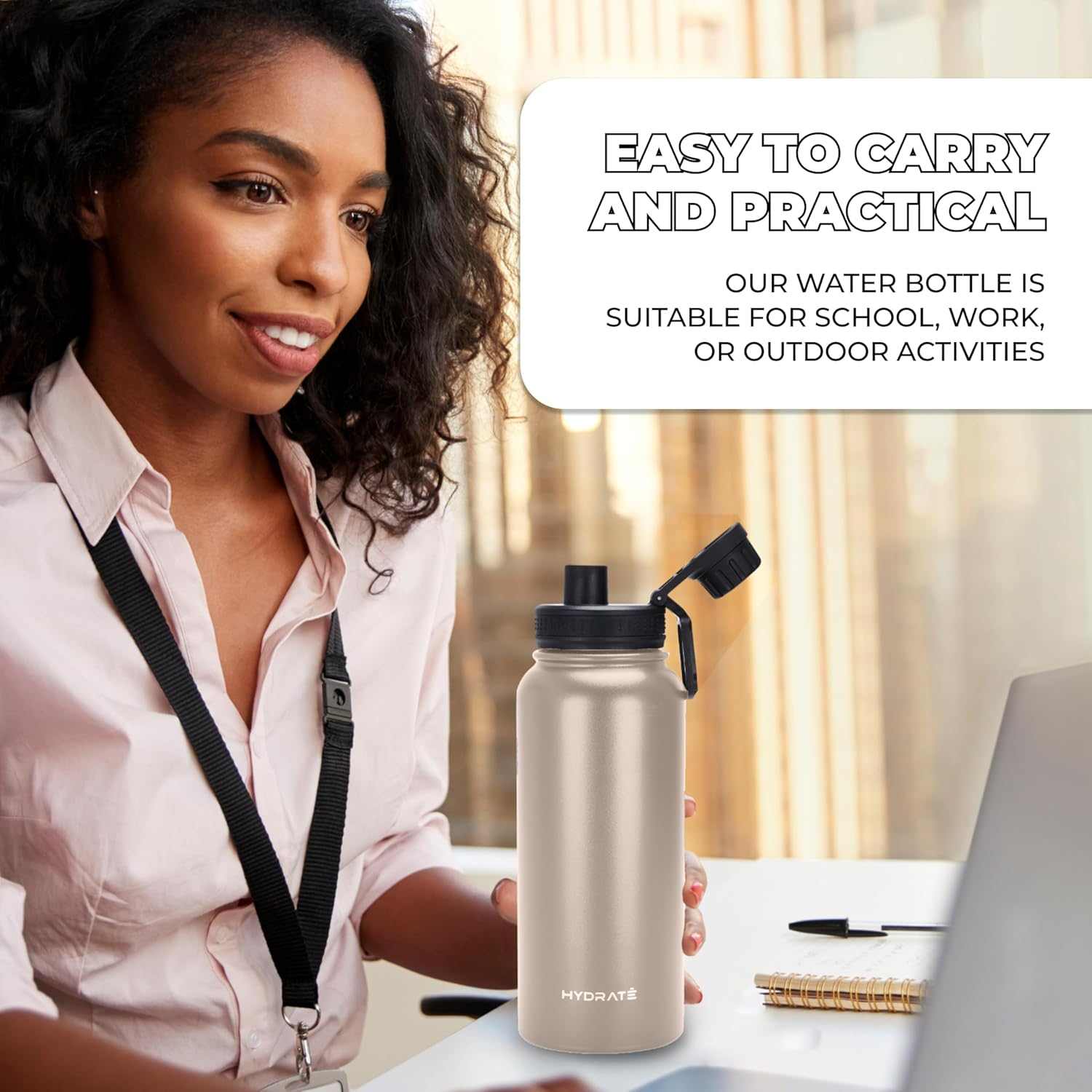 Hydrate Insulated Water Bottle Stainless Steel - Large 1L Flask Water Bottles with Leak-Proof Design and Handle - Stay Refreshed Double Vacuum Insulation for School, Work, or Adventure