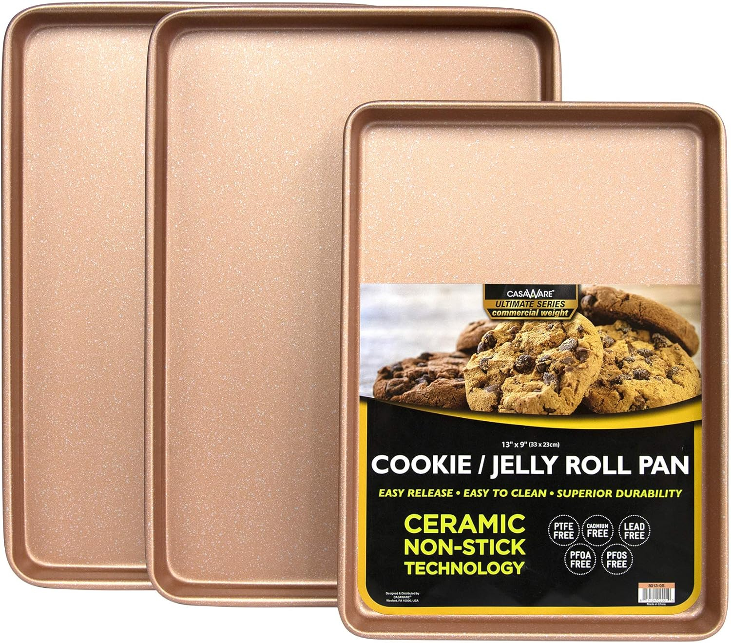 casaWare 3pc Ultimate Commercial Weight Cookie Sheet Set, Two 15 x 10-Inch Pans, One 13 x 9-Inch-Inch Pan (Rose Gold Granite)