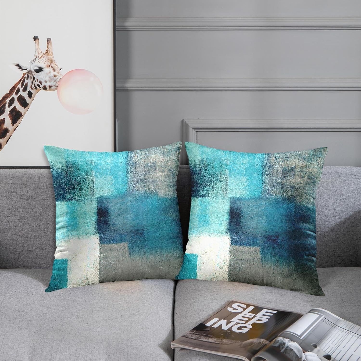 Britimes Throw Pillow Covers Modern Home Art Decor, 20 x 20 Inches Set of 2 Pillow Cases Decorative, Abstract Oil Painting Pillowcases for Bedroom, Cushion Couch Sofa, Living Room, Teal Peacock Blue