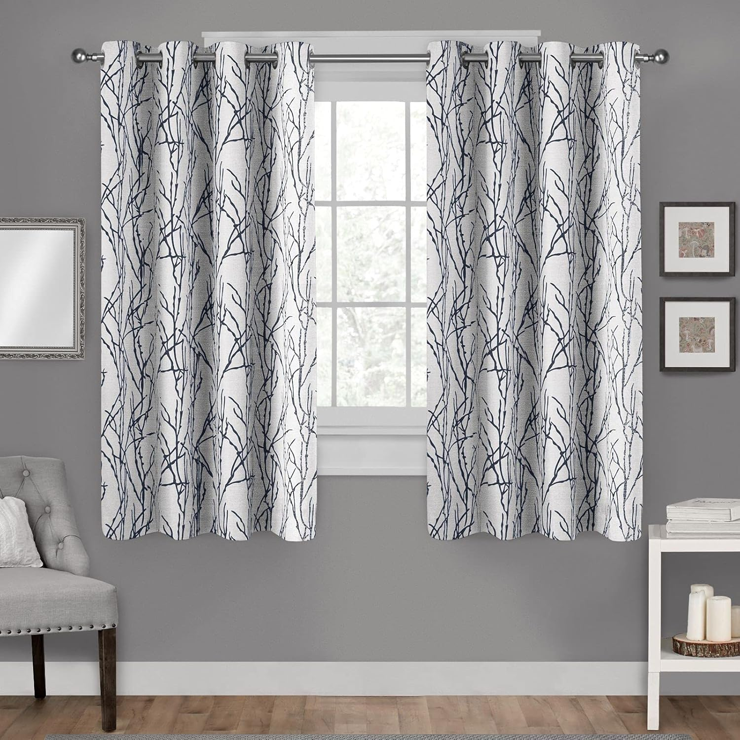EXCLUSIVE HOME Branches Linen Blend Grommet Top Curtain Panel Pair, 54"x63", Indigo