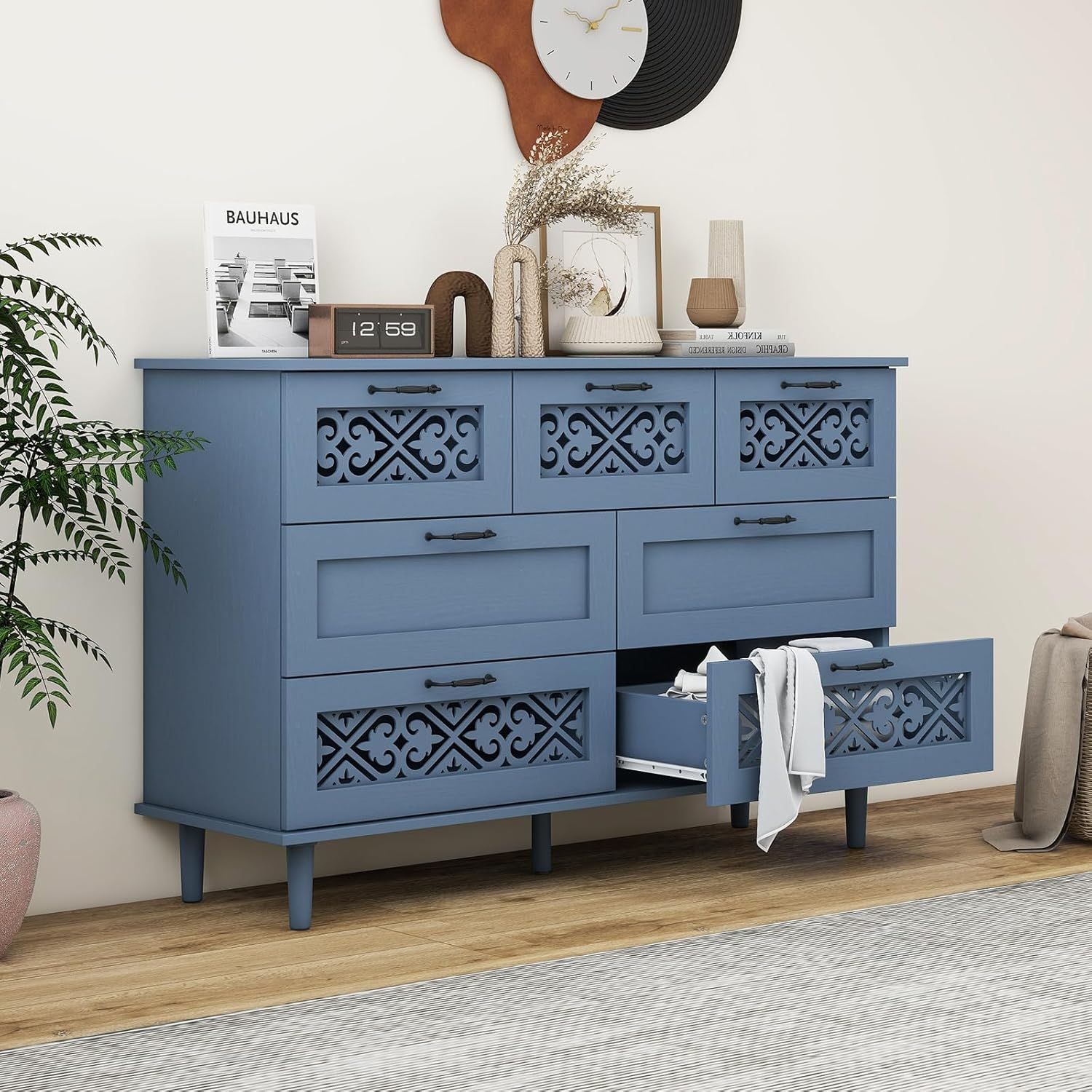 Blue Sideboard Buffet Cabinet With Storage - Hollow Carved 2 Door 3 Drawer Accent Storage, American Furniture, Farmhouse Wood Credenza for Living Room, Entryway (Blue)