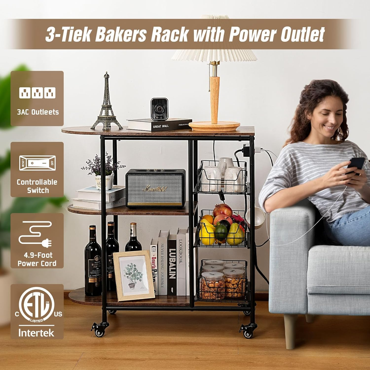 Kitchen Bakers Rack with Power Outlet, Microwave Stand with 3 Pull-Out Fruit Basket Storage, Coffee Bar Carts Table on 4 Wheels, 6 S-Hook Storage Shelf for Spice Rack Organizer Workstation, 33.9 inch