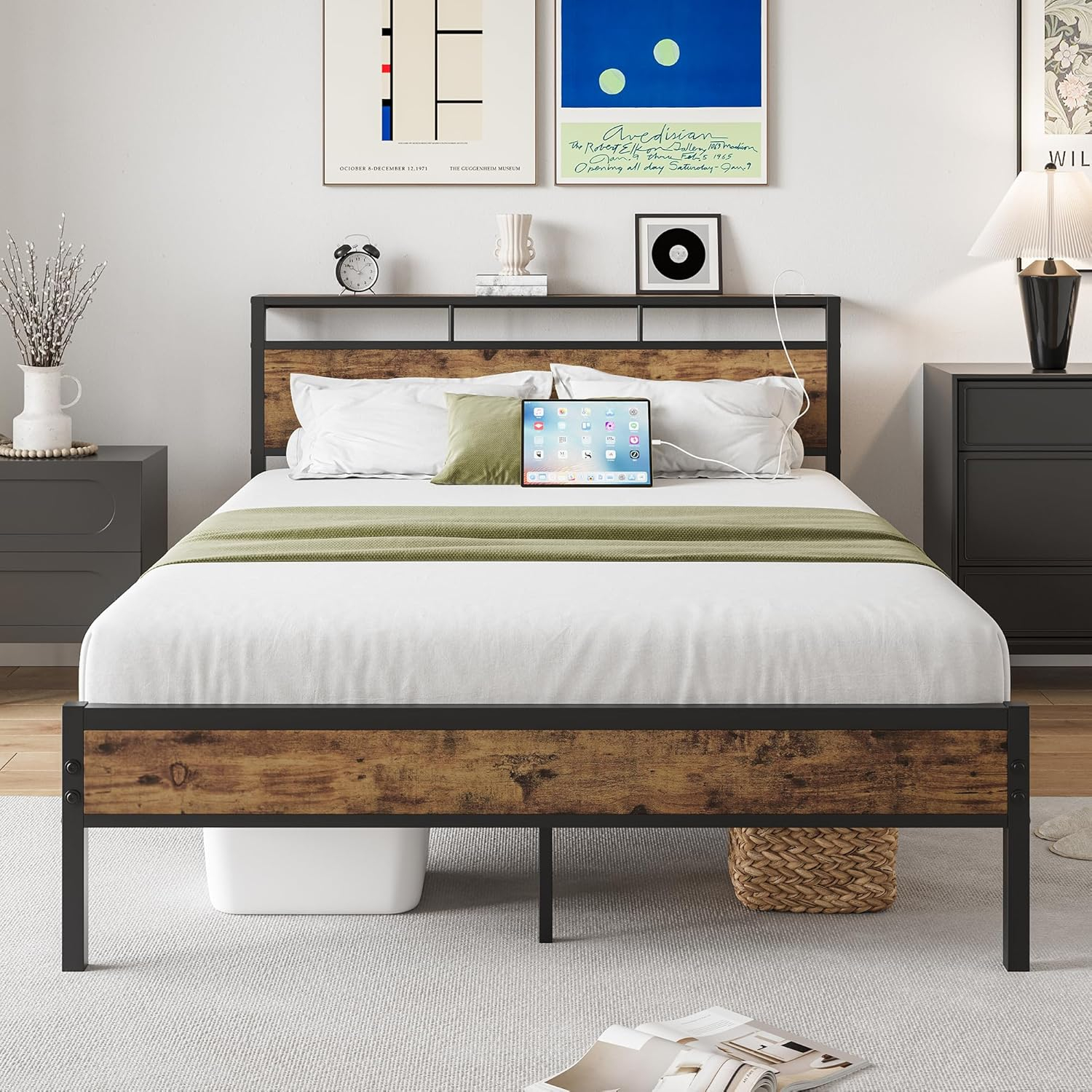 LegaHome Full Bed Frame, Metal Platform Bed with Storage Headboard and Charging Station, Strong Slat Support, Full Size Bed Frame for Kids Teens Adults, No Box Spring Needed, Black