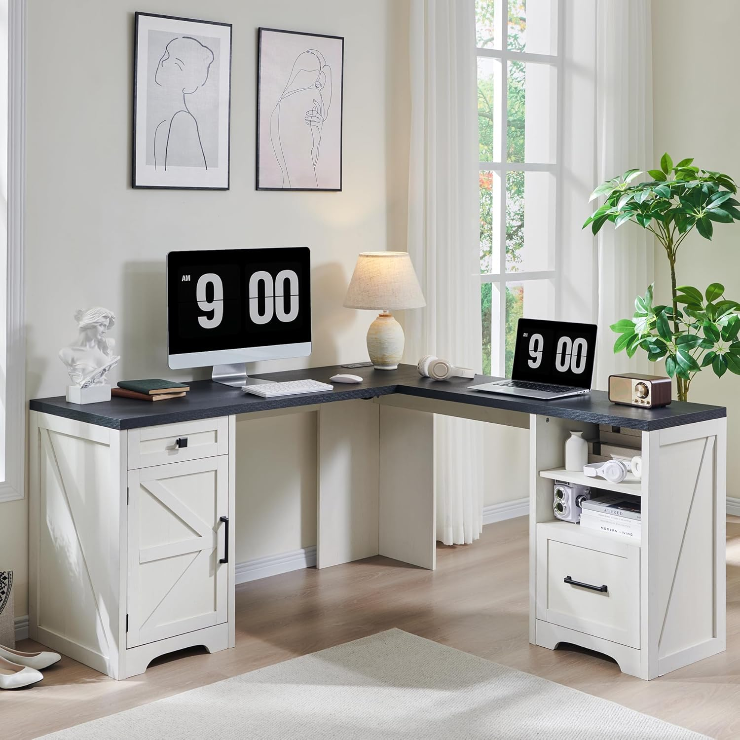 JXQTLINGMU Home Office Desk, Modern Farmhouse Computer Desk with File Cabinet Letter T4 F4 Legal, Study Writing Desk, 59 Inch, Off White