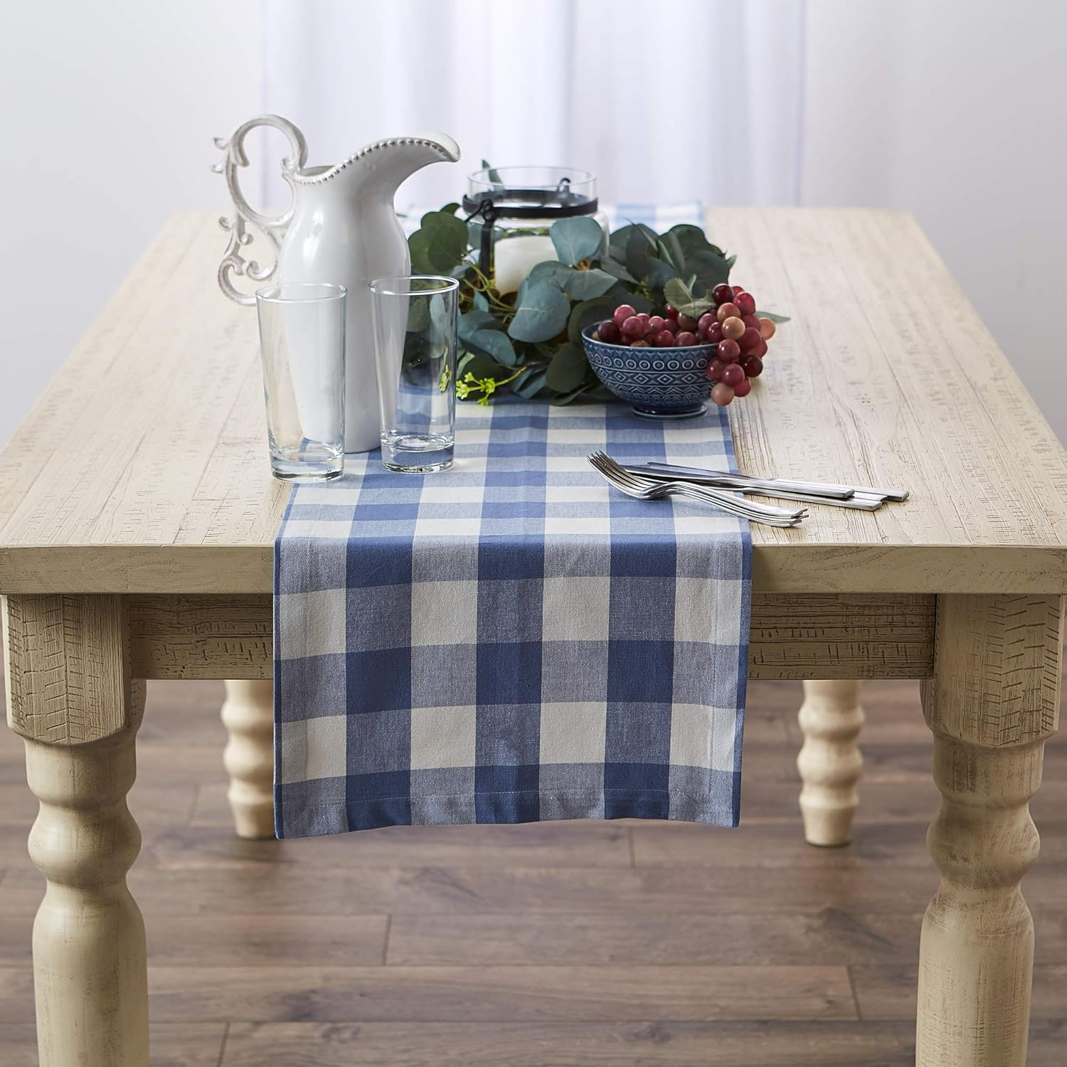 Stonewash Blue Cotton Buffalo Check Table Runner, 14x72