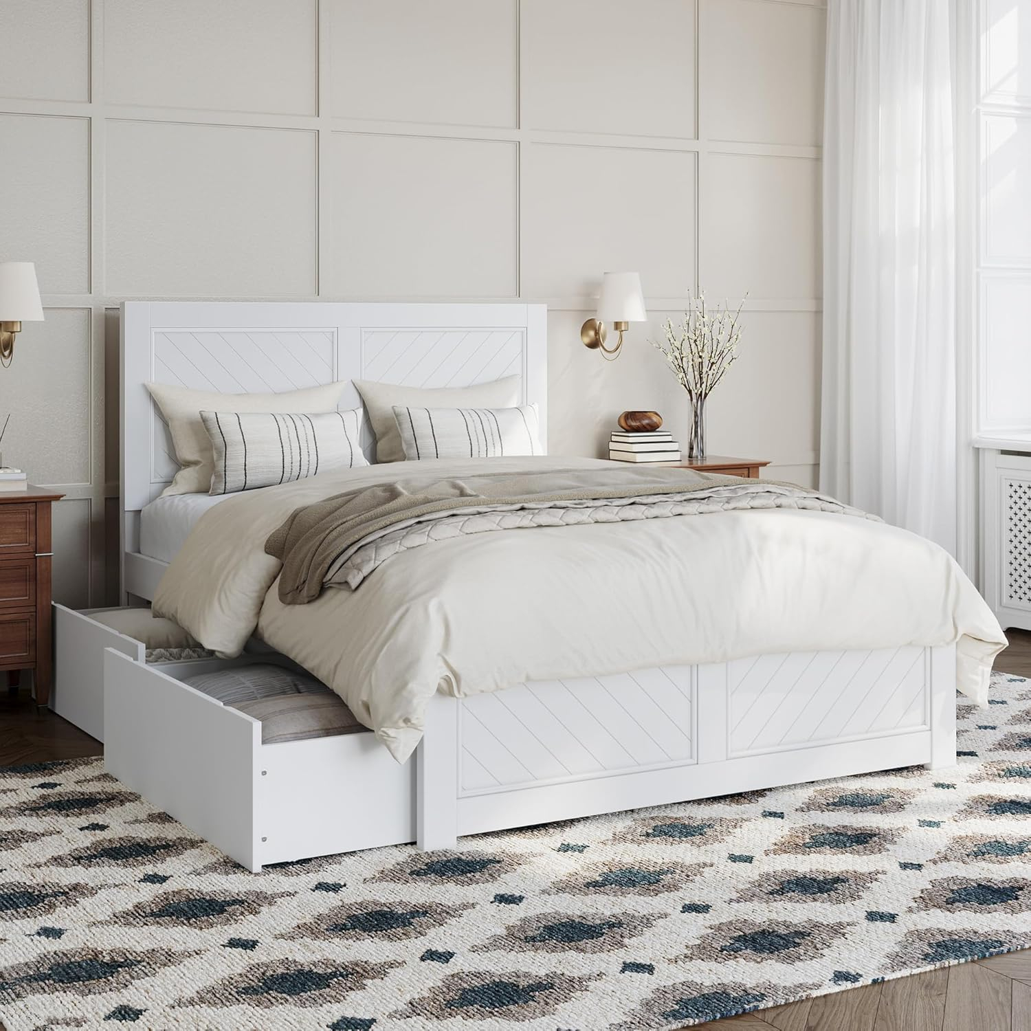 AFI Canyon White Solid Wood Platform Bed with Matching Footboard & Storage Drawers, Full