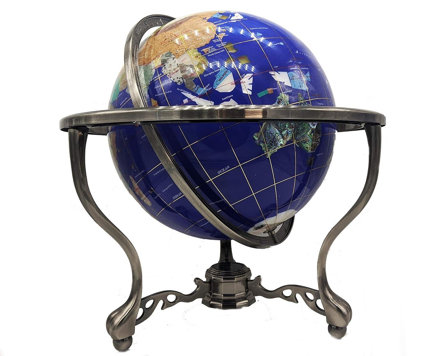 Unique Art 21-Inch Tall Blue Lapis Ocean Table Top Gemstone World Globe with Tripod Silver Stand w 50 US ST Stones