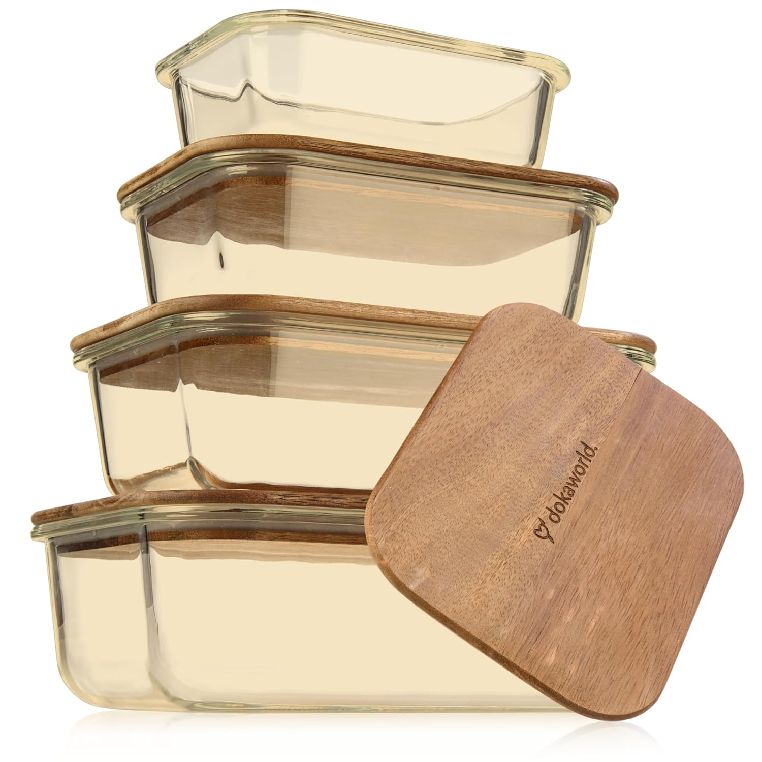 Amber Glass Meal Prep Containers with Acacia Lids, Set of 4