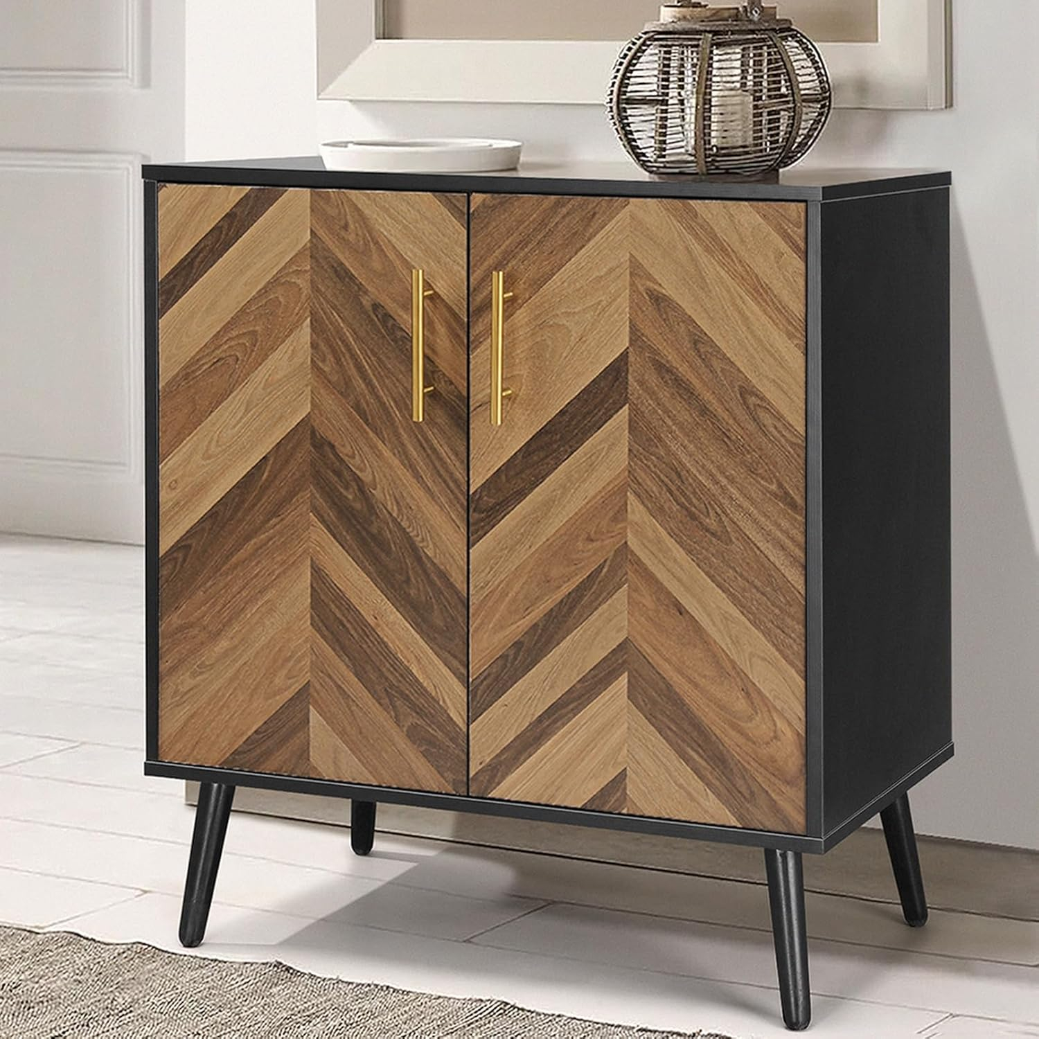 Accent Cabinet, Black Storage Cabinet with Doors Mid Century Modern Sideboard Buffet Cabinet with Storage Shelves Small Wood Accent Cabinets for Living Room Entryway Office, Brown Herringbone