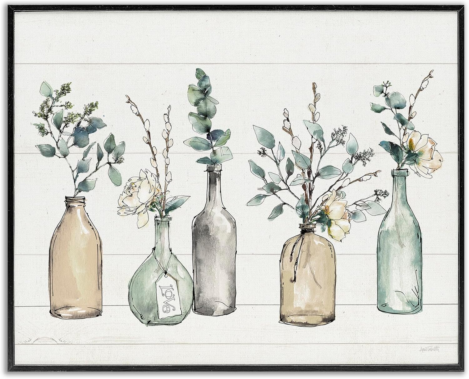 Stupell Industries Bottles And Plants Farm Wood Textured Design Framed Wall Art by Anne Tavoletti, 24" x 30", Black Framed