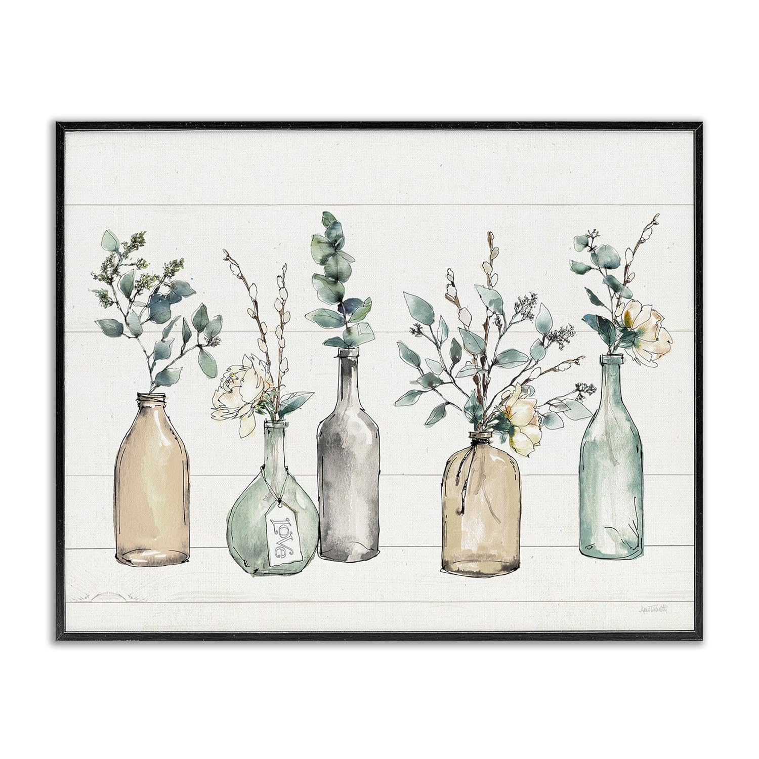 Stupell Industries Bottles And Plants Farm Wood Textured Design Framed Wall Art by Anne Tavoletti, 24" x 30", Black Framed