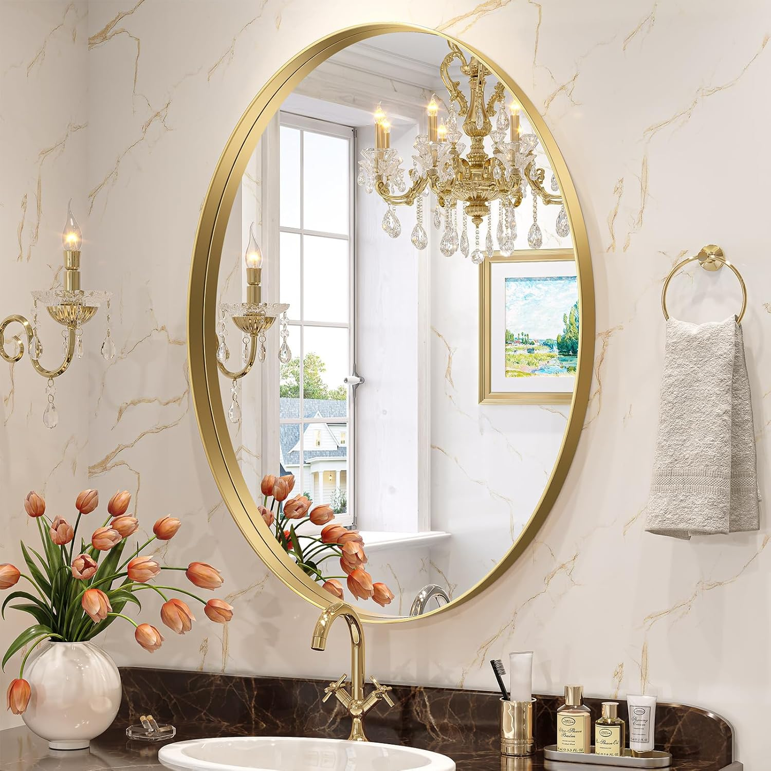 22"\u00d730" Gold Oval Mirror, Oval Bathroom Mirror for Wall, Vanity Mirror, Entryway, Living Room, Wall Mount Mirrors, Hangs Vertical or Horizontal