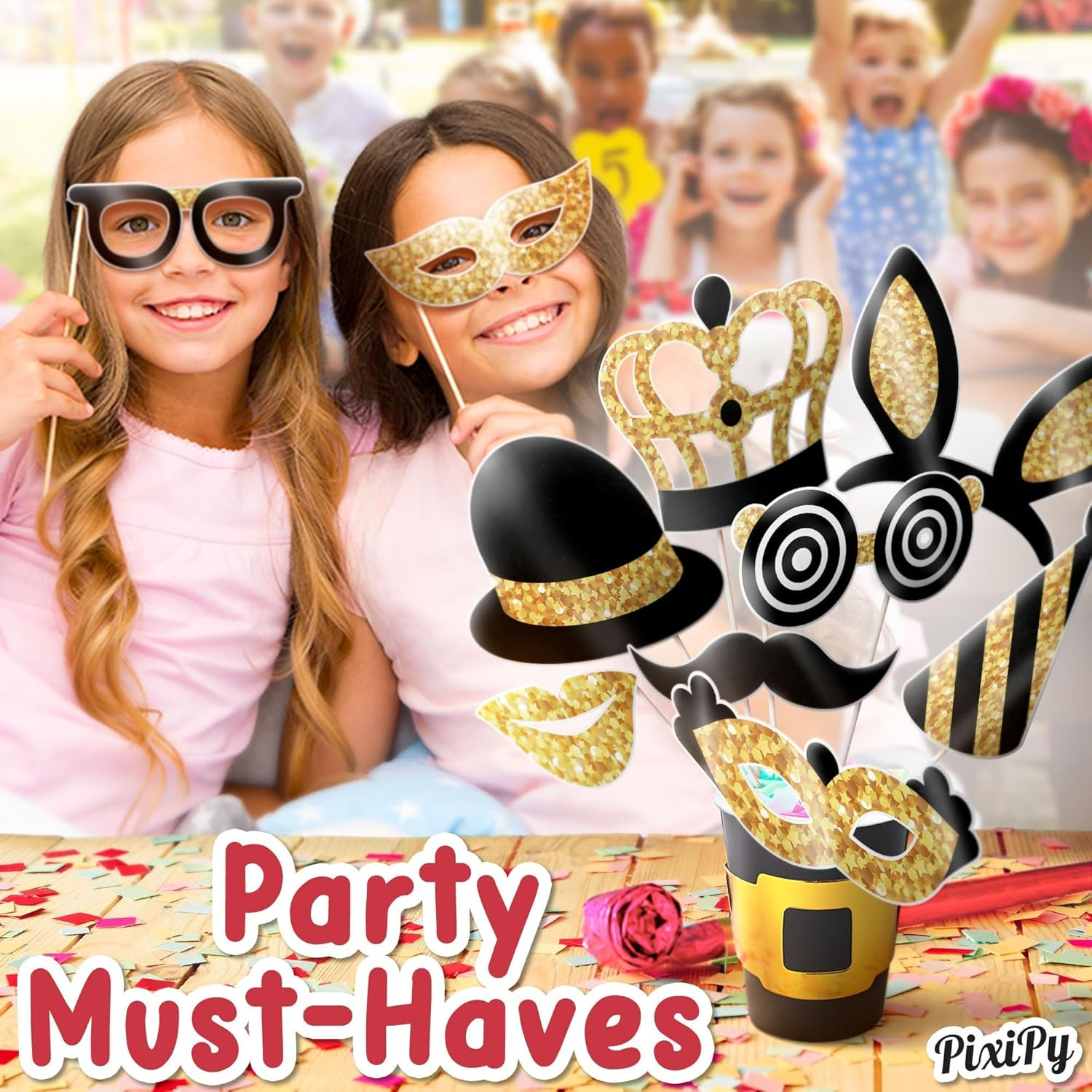 Photo Booth Props Kit, 16 Pcs Black & Gold Party Accessories by PixiPy