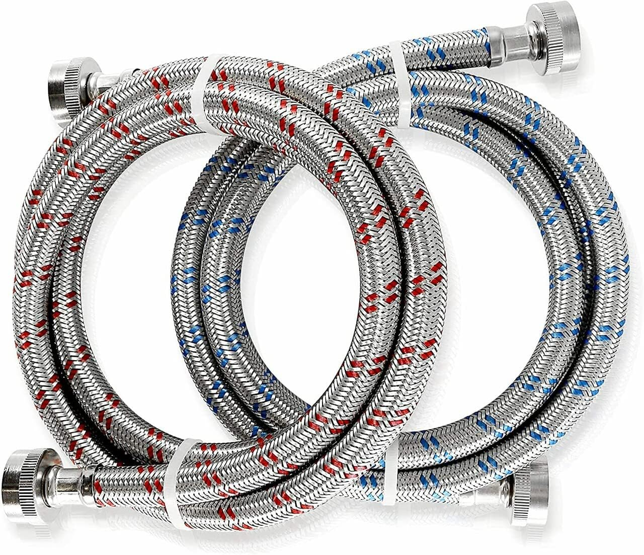 K&J Premium 4ft Stainless Steel Washing Machine Hoses Burst Proof 2 Pack - Hot and Cold Water Supply Hoses for Washing Machines