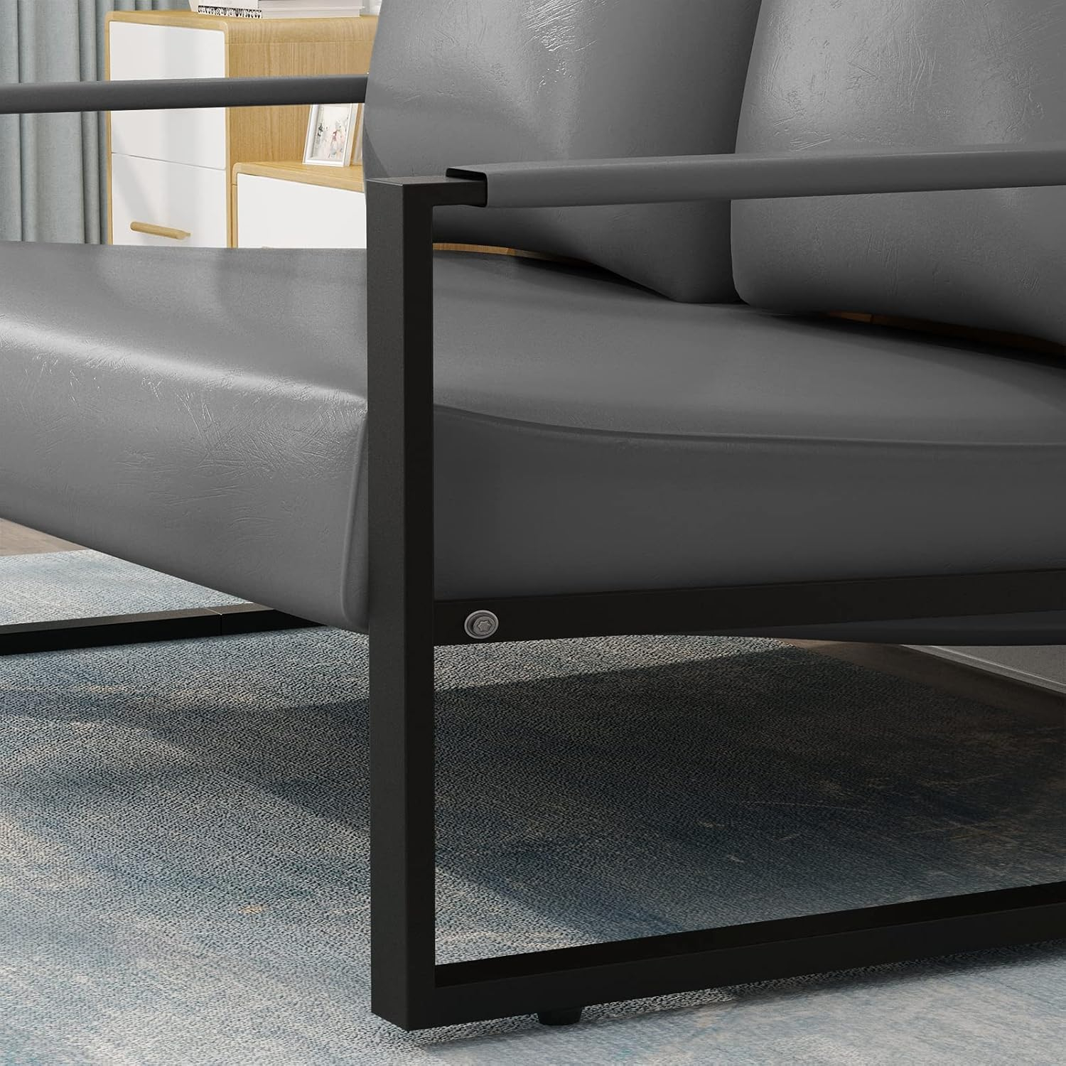 Grey Faux Leather Mid-Century Modern Loveseat with Metal Frame