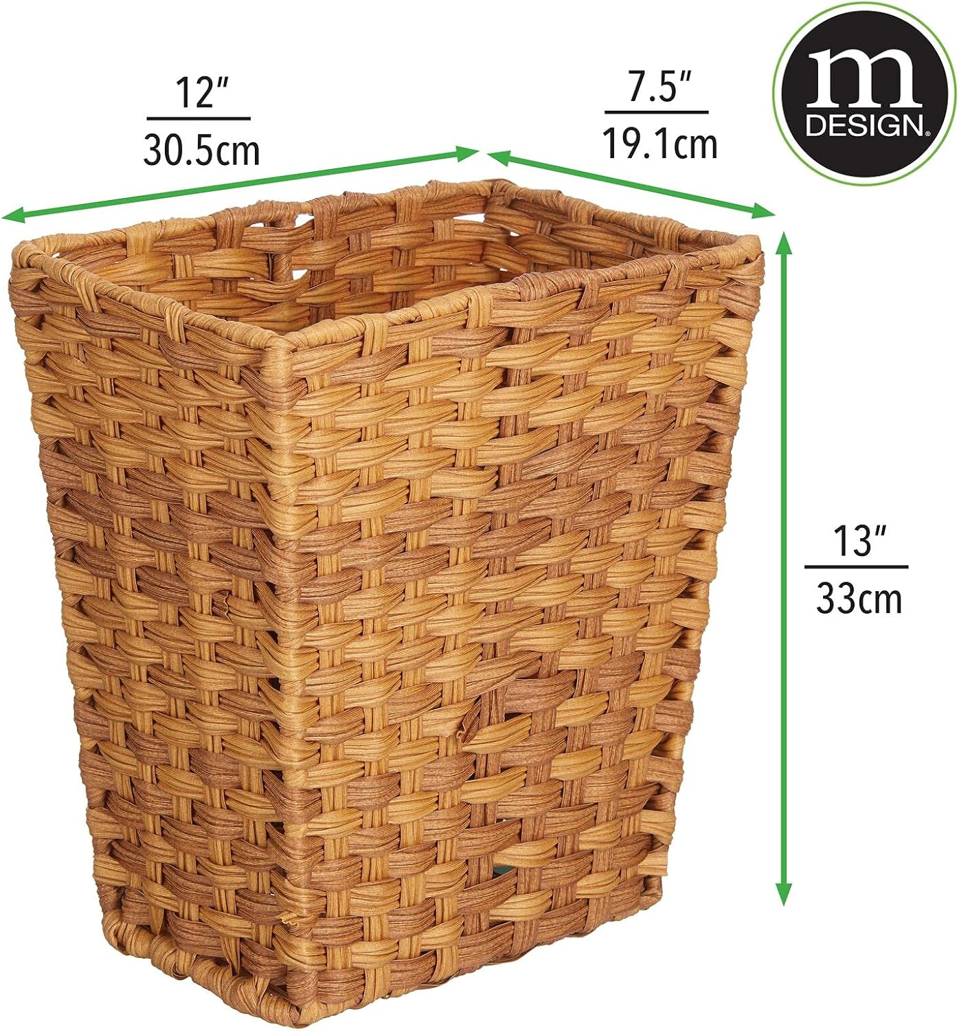 mDesign Small Woven Trash Can - Slim Rectangular Waste Basket - Decorative Garbage Waste Bin for Bedroom, Bathroom, Kitchen, Home Office, Craft, Laundry, Utility Rooms, and Garage - Camel