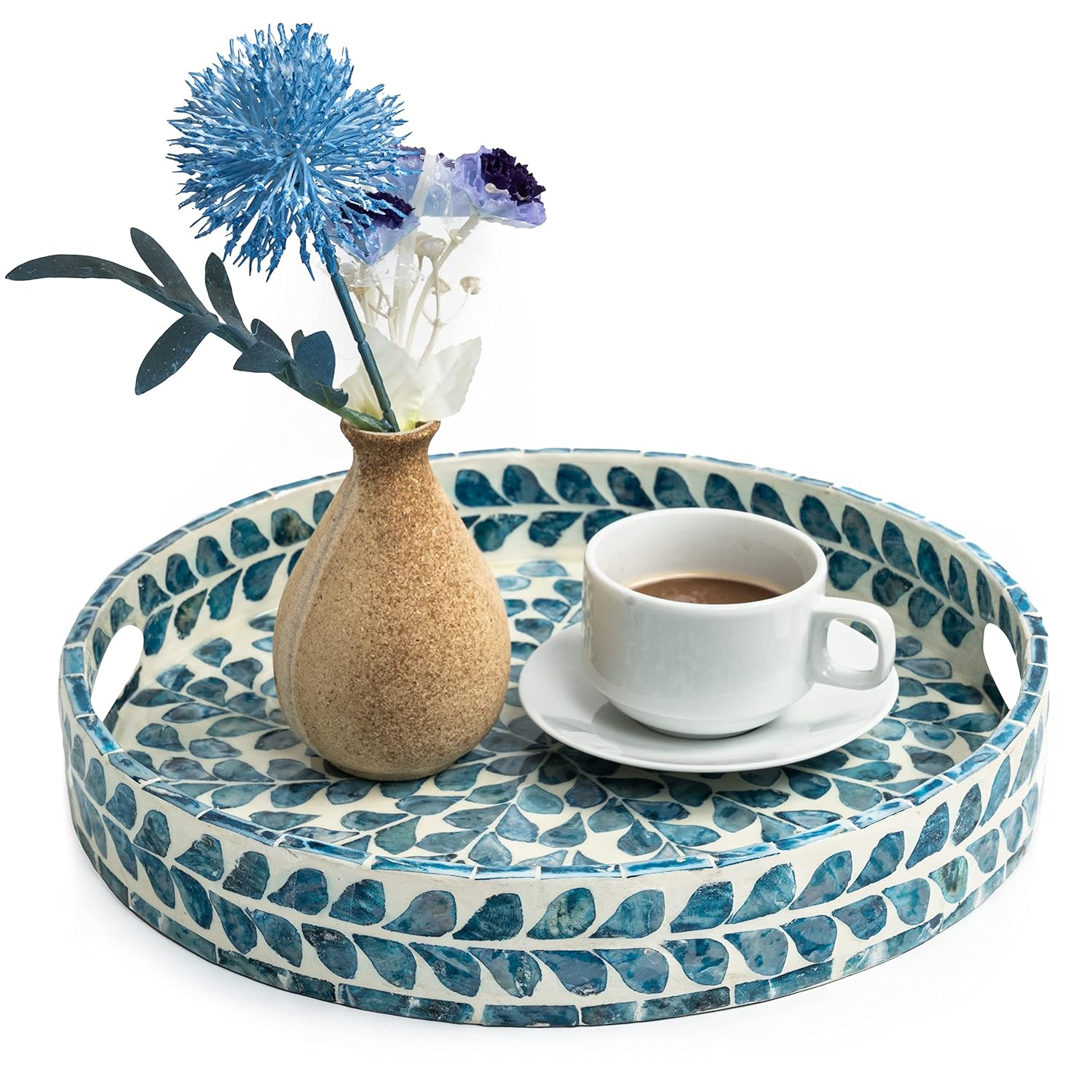 CLAYNIX Serving Tray 12.5 Inch, Lacquer Mother of Pearl Inlay Mosaic Tray, Round Wooden Marble Tray with Handles Trays for Tea, Breakfast (Flower Style)