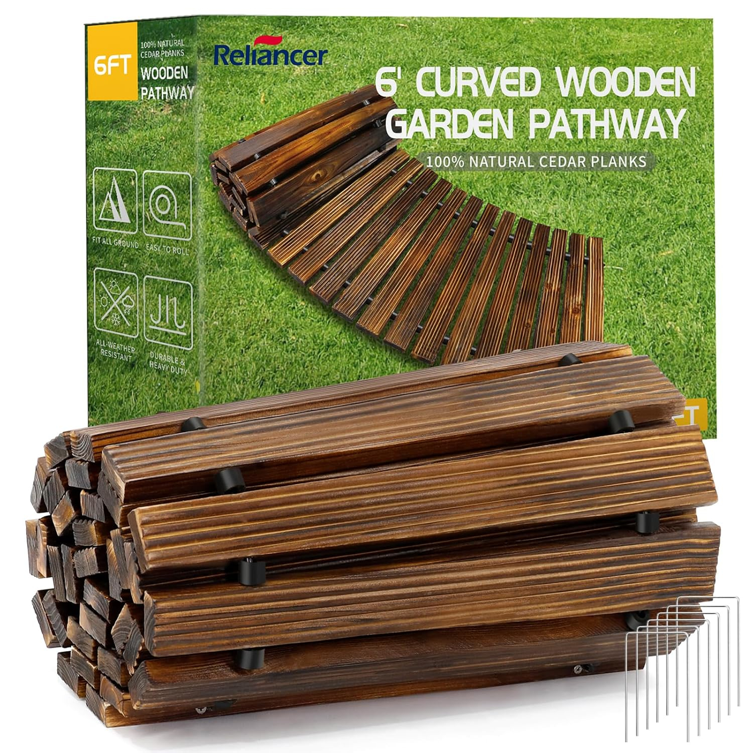 RELIANCER 6' Wooden Garden Pathway,Outdoor Roll Out Cedar Curved Walkway,Patio Path Decorative Garden Boardwalk Walkways,Weather-Resistant Roll Up Beach Wood Road Floor,Wedding Party Pathways