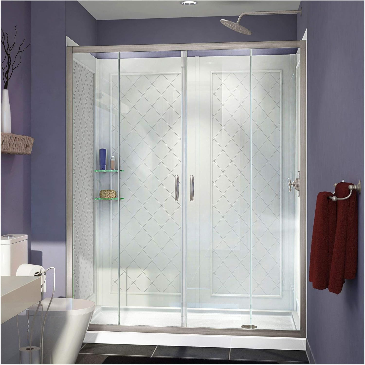 DreamLine Visions 3-Piece 36-in W x 60-in L x 77-in H Rectangular Alcove Shower Kit (Right Drain) with Base, Wall and Door Included Brushed Nickel