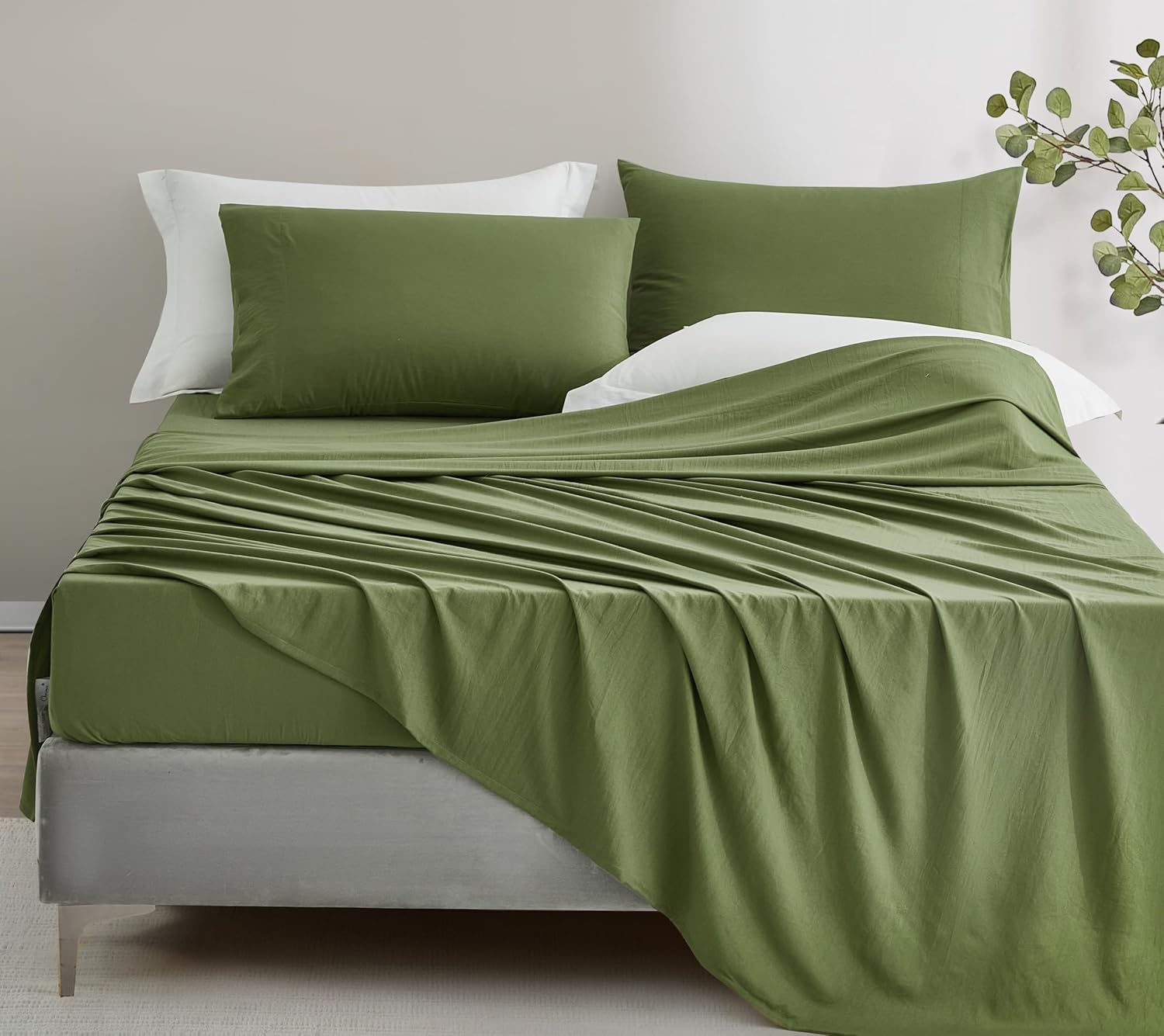 Chezmoi Collection Extra Soft Bed Sheets Set, Double Brushed Microfiber 14-Inches Deep Pockets, 4-Piece Sheet Set, Queen, Olive Green