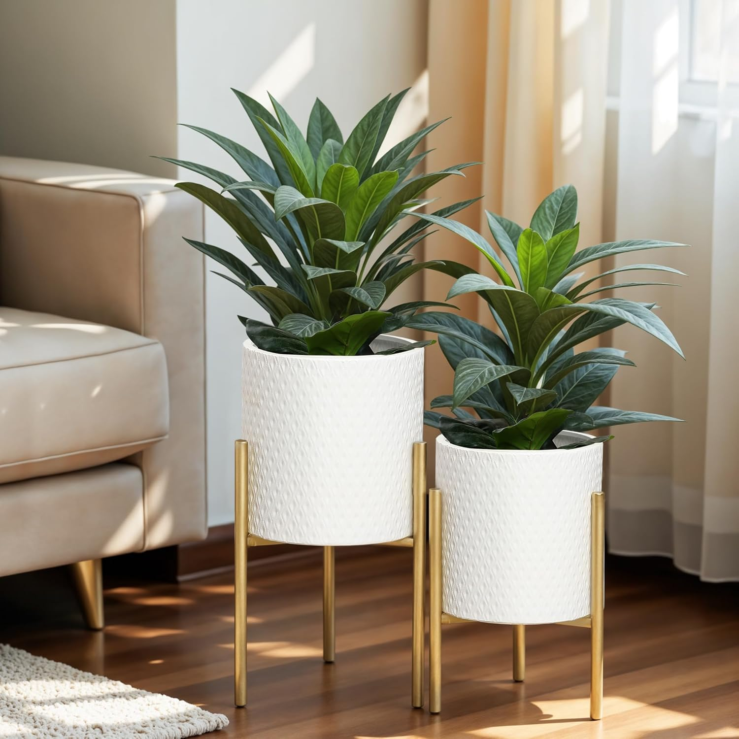 Planters for Indoor Plants, Set of 2 Indoor Plant Pots, White Planter with Gold Metal Stand, Luxury Flower Pots for Indoor Plants, Large Floor Plant Pot for Indoor Plants, NOT Waterproof