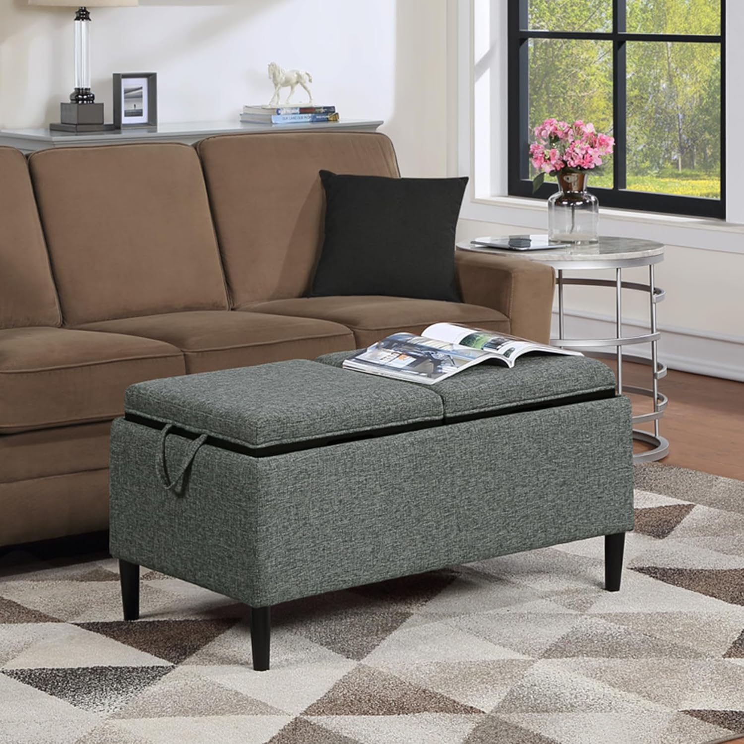 Convenience Concepts Designs4Comfort Magnolia Storage Ottoman with Reversible Trays, Light Charcoal Gray Fabric