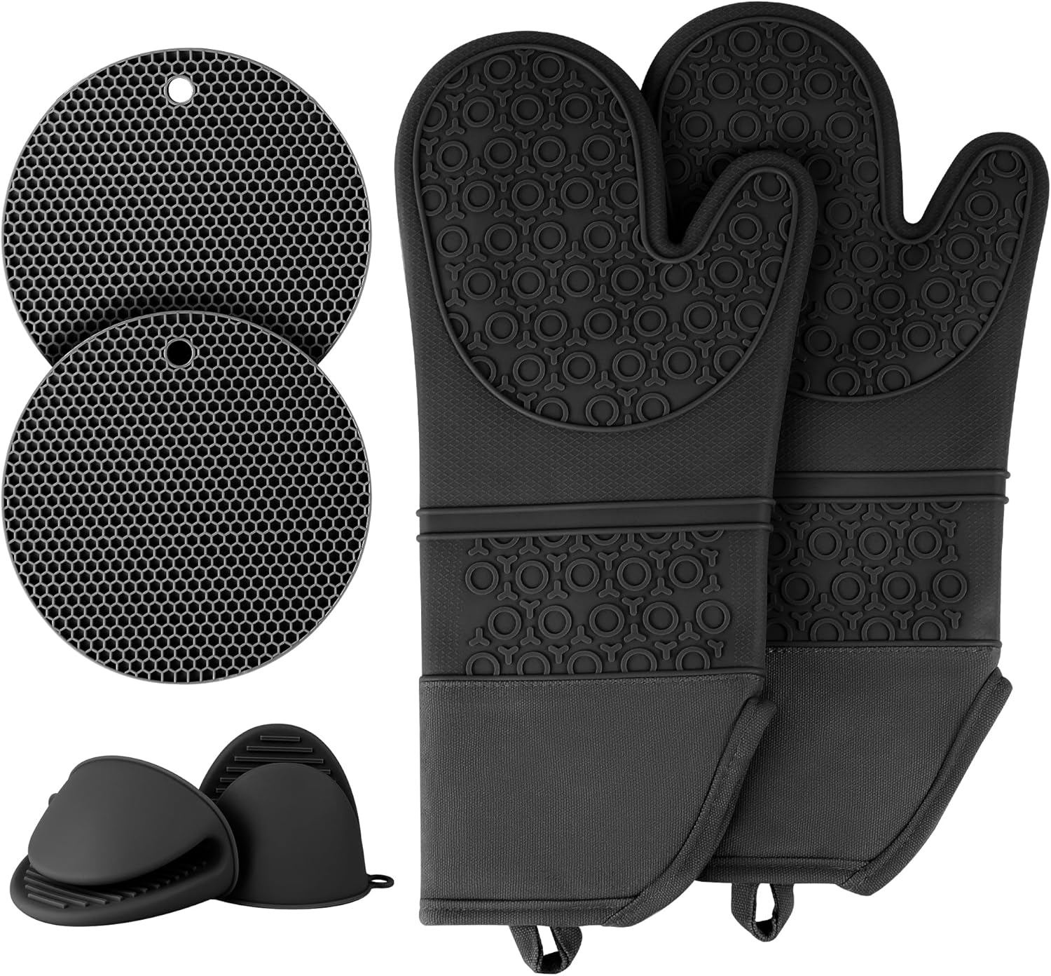 Extra Long Black Silicone Oven Mitts and Pot Holders Set