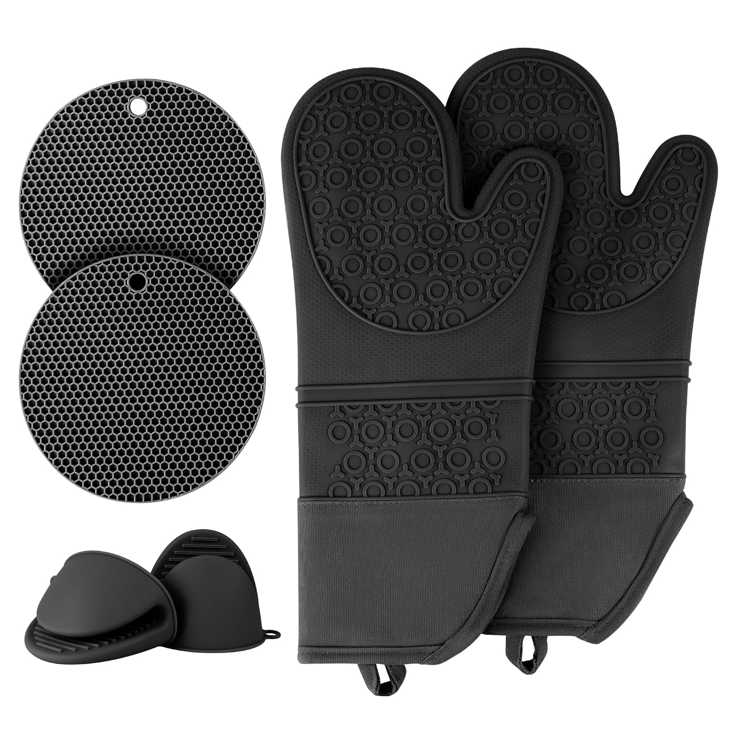 Extra Long Black Silicone Oven Mitts and Pot Holders Set