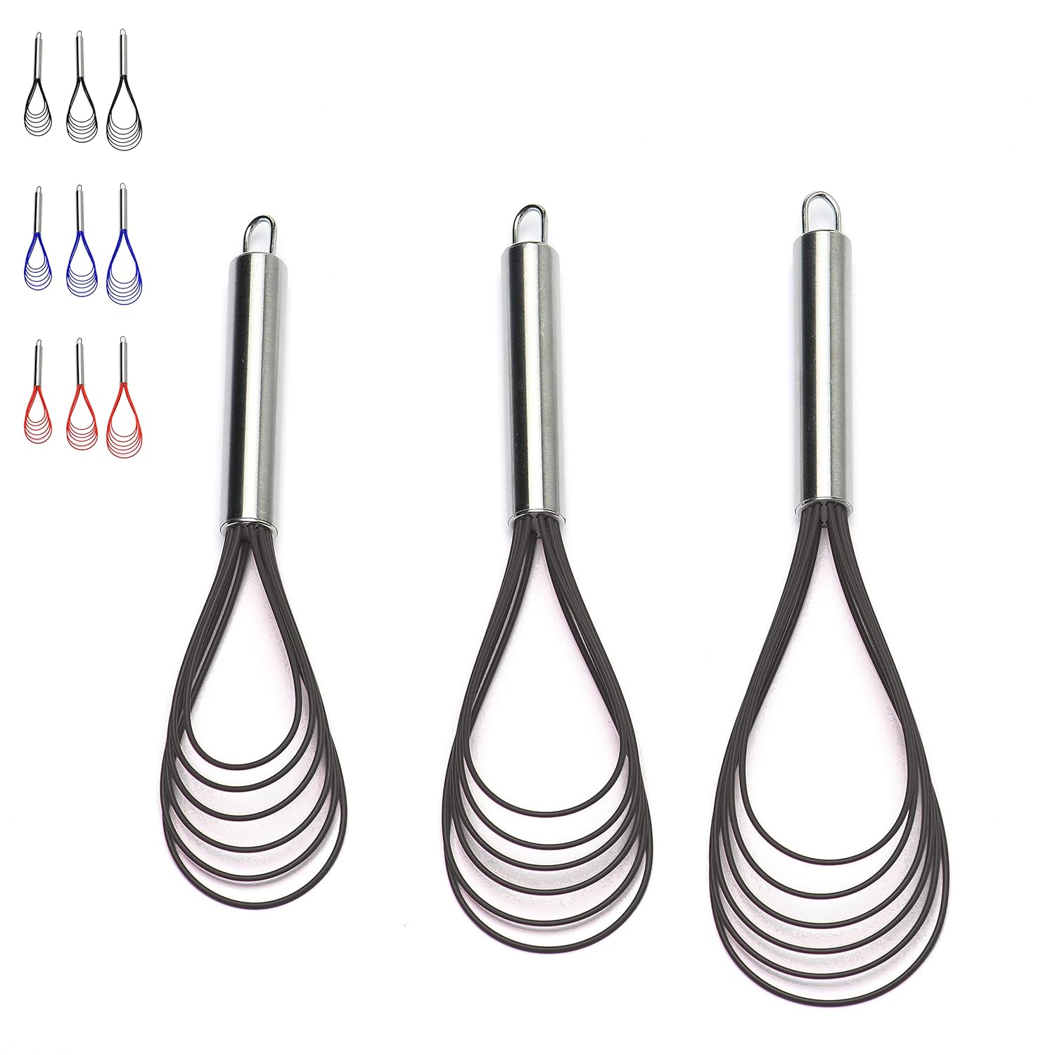 Flat Whisks Stainless Steel,3 Pack 10''+11''+12'' Set Premium Sturdy-6 Silicone Heads Non Stick Wires Whisk for Blending Beating Stirring Kitchen Cooking Color Grey