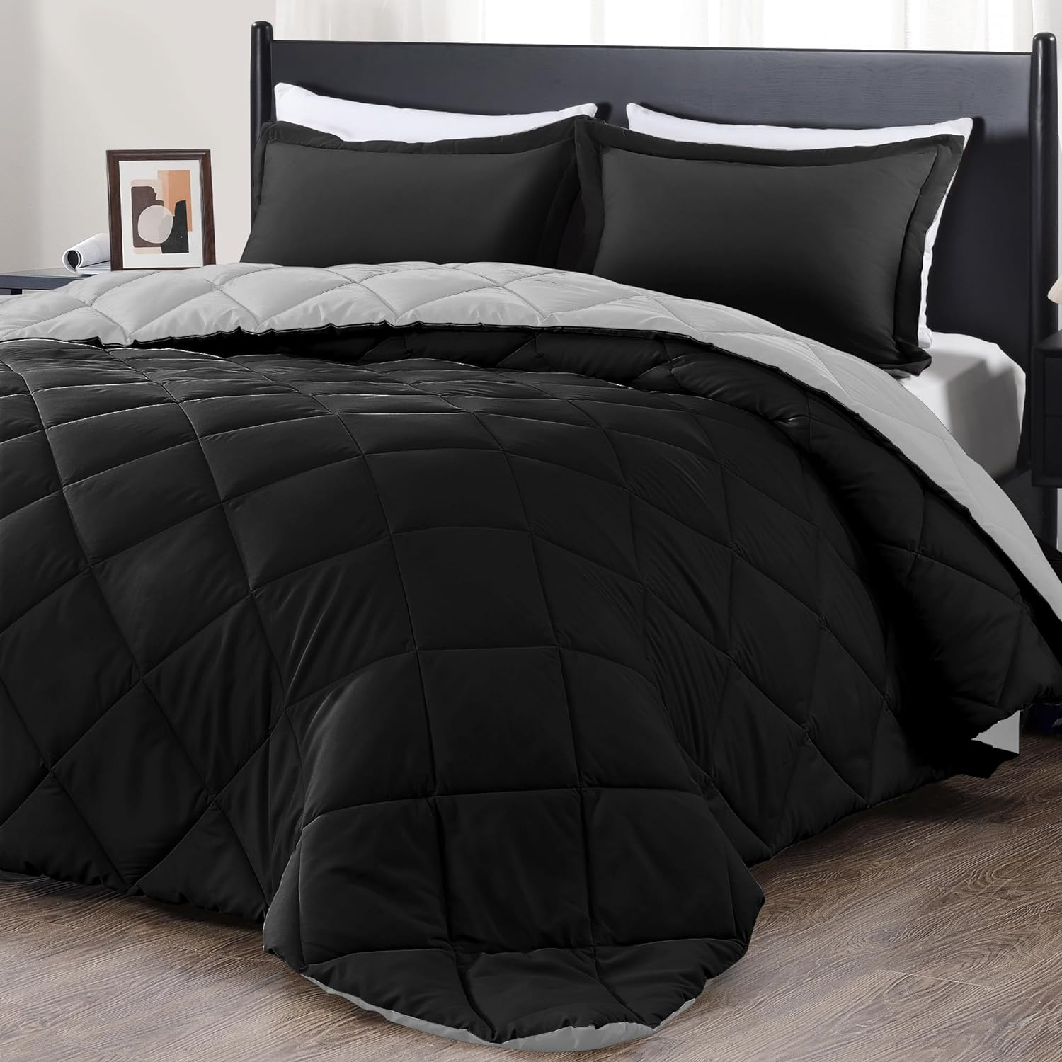 DOWNCOOL Comforter King Size, Reversible Duvet Insert,Black/Grey All Season Blanket, Lightweight Quilt, Down Alternative Hotel Comforter with Corner Tabs (Black/Gray, King 102x90 Inches)