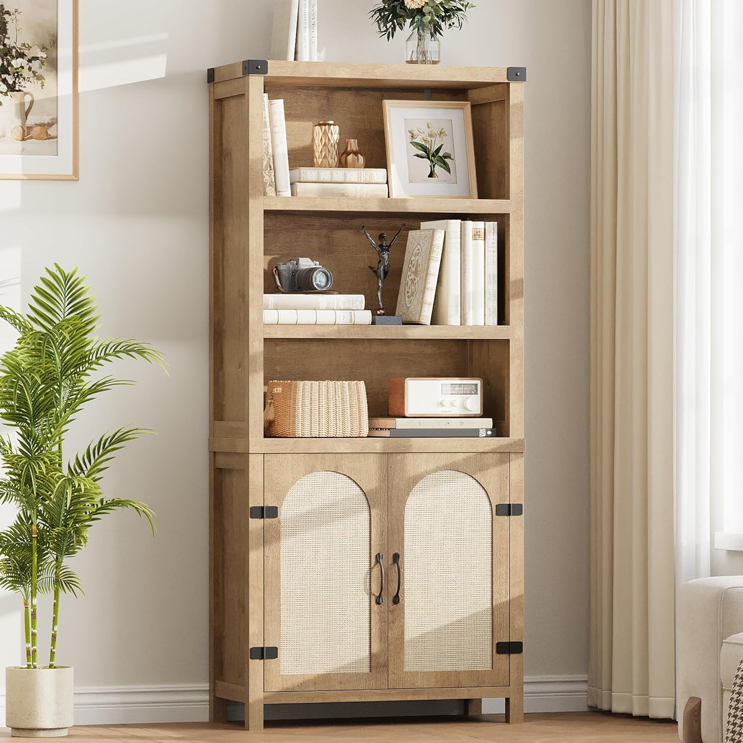 Rustic Bookshelves and Bookcases with Doors, Wooden 3 Shelf Bookshelves with Cabinets, 70" Tall Floor Standing Display Storage Shelves for Bedroom, Office, Living Room